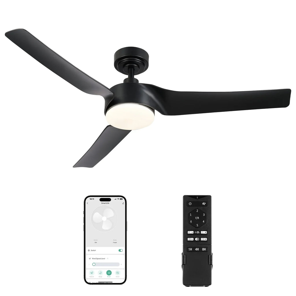 Modern 52" with Kit Bestco Light Remote, & Fan Ceiling Smart Dimmable Black