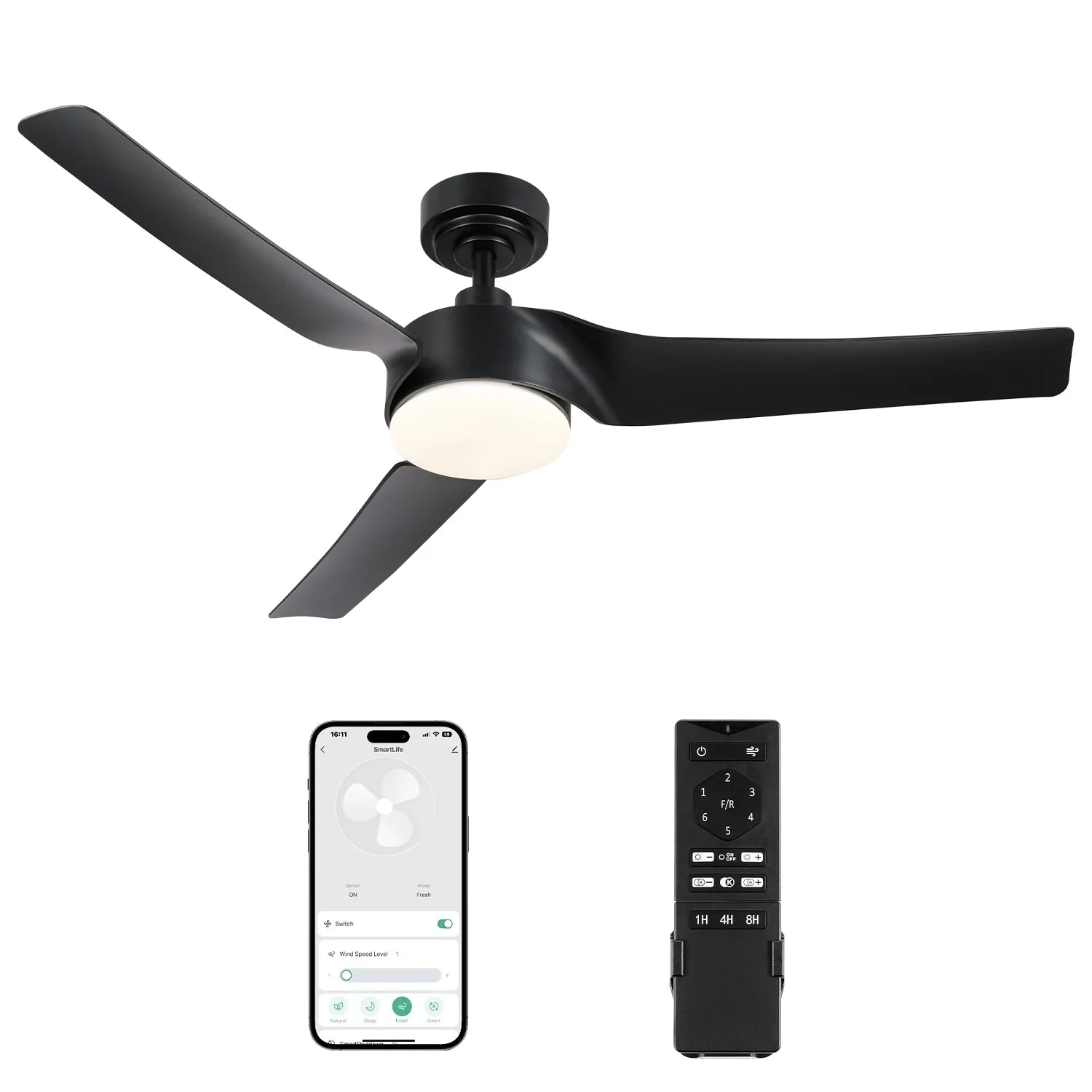 Modern 52" with Kit Bestco Light Remote, & Fan Ceiling Smart Dimmable Black
