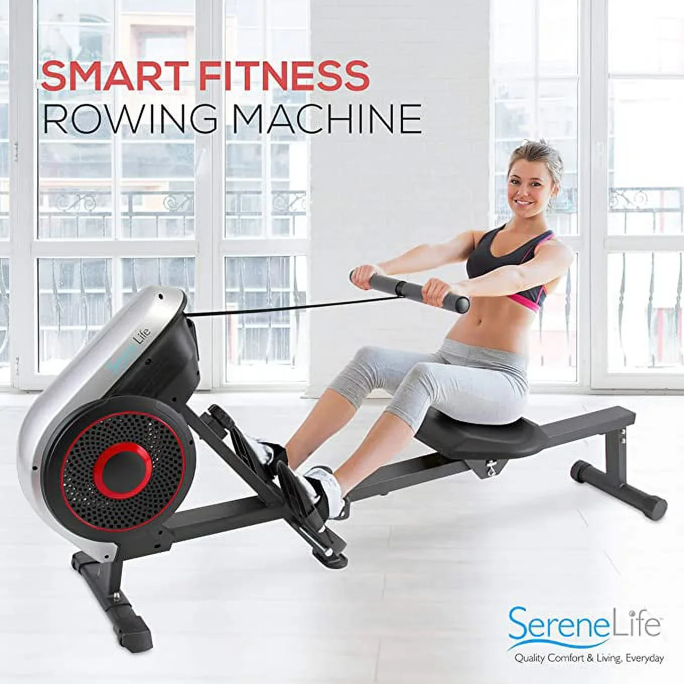Rowing for Magnetic and Machine Machine Resistance Machine SereneLife Levels Rowing Exercise (Black) Rowing Gym, (8) Selectable Air