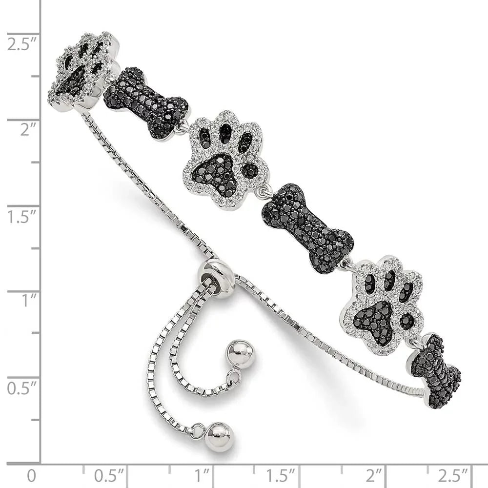 Bracelet Polished Print Adj Silver Bone Dog Paw Sterling CZ &