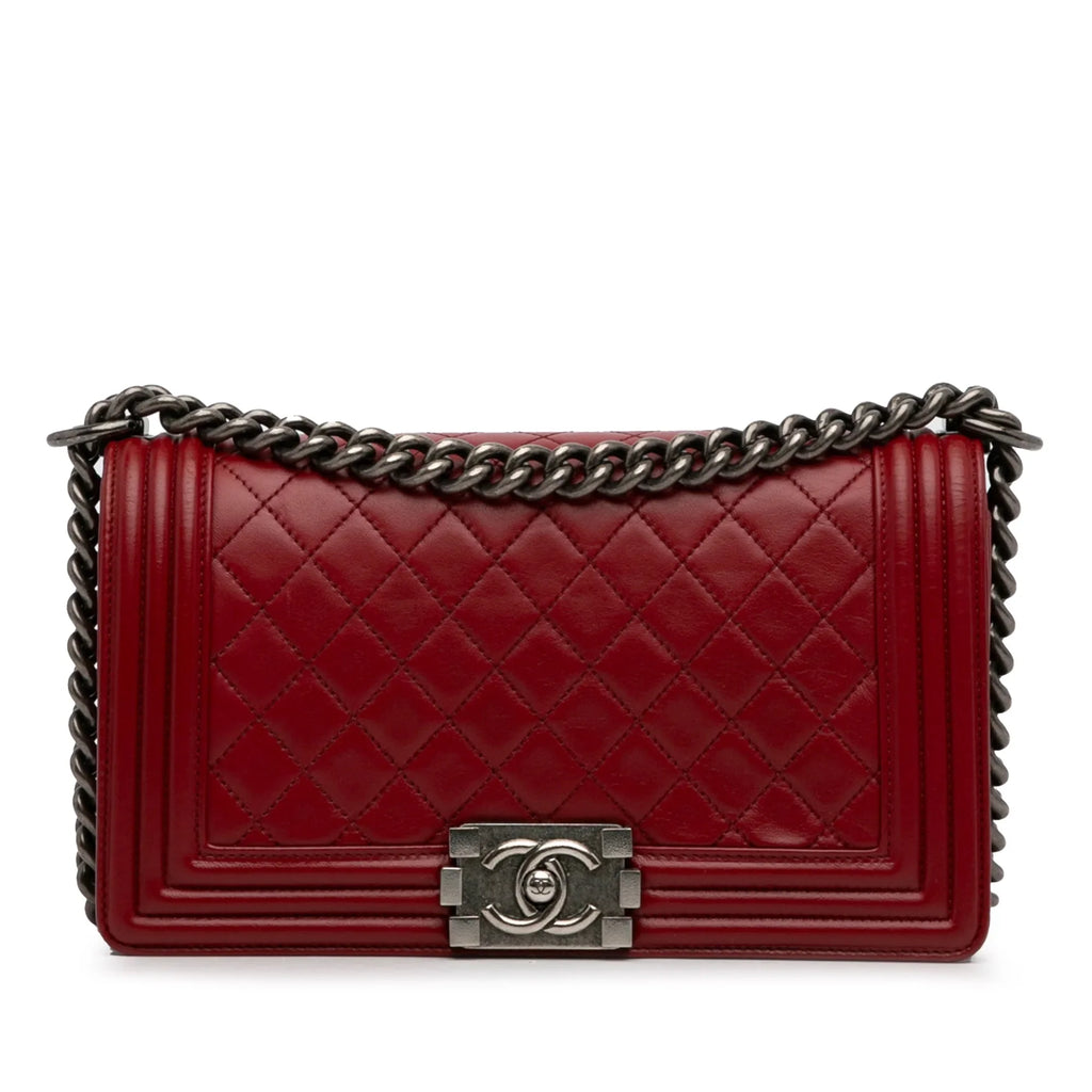 Lambskin Crossbody Unisex (Good) Authenticated Medium Pre-Owned Boy Bag Flap Red Leather Bag