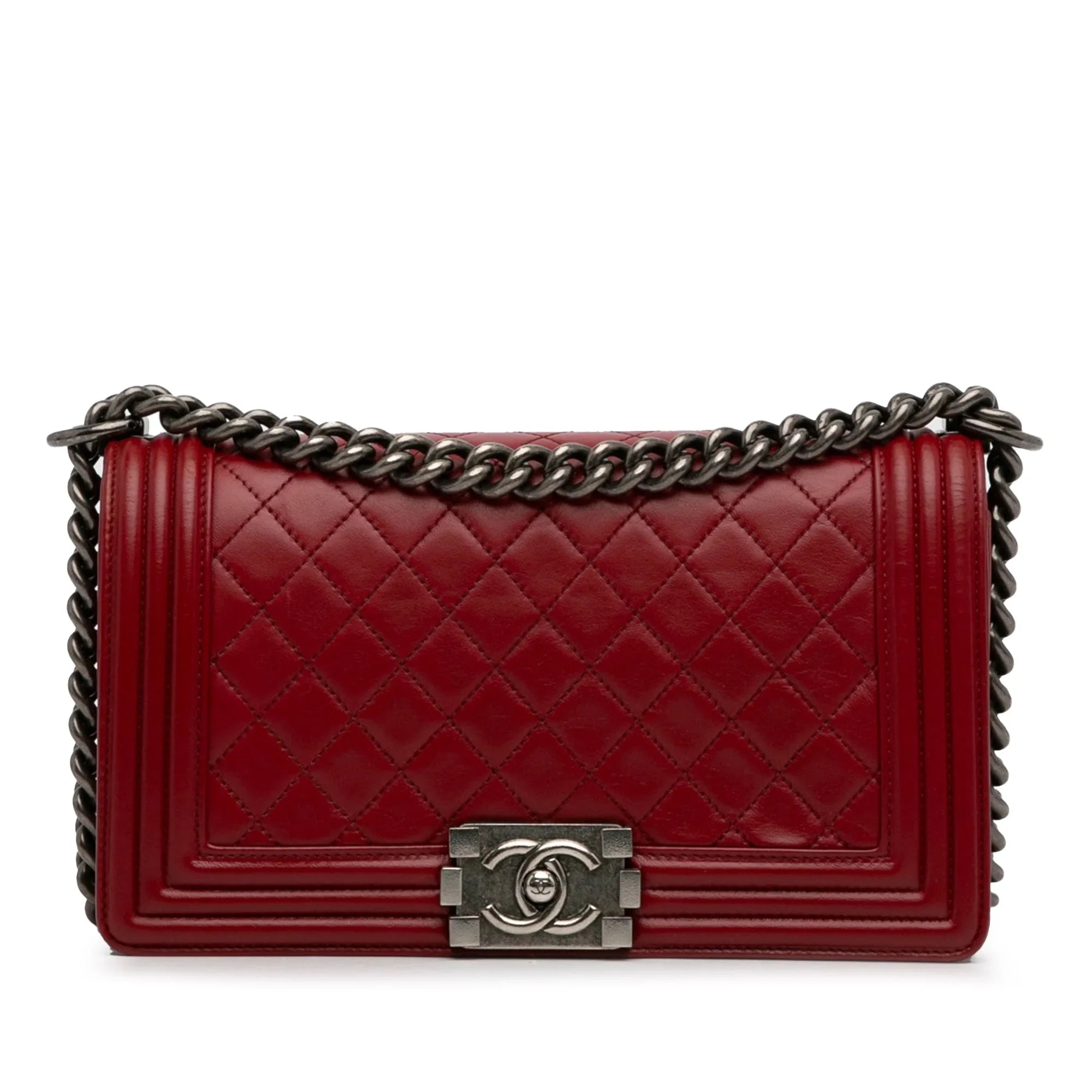 Lambskin Crossbody Unisex (Good) Authenticated Medium Pre-Owned Boy Bag Flap Red Leather Bag