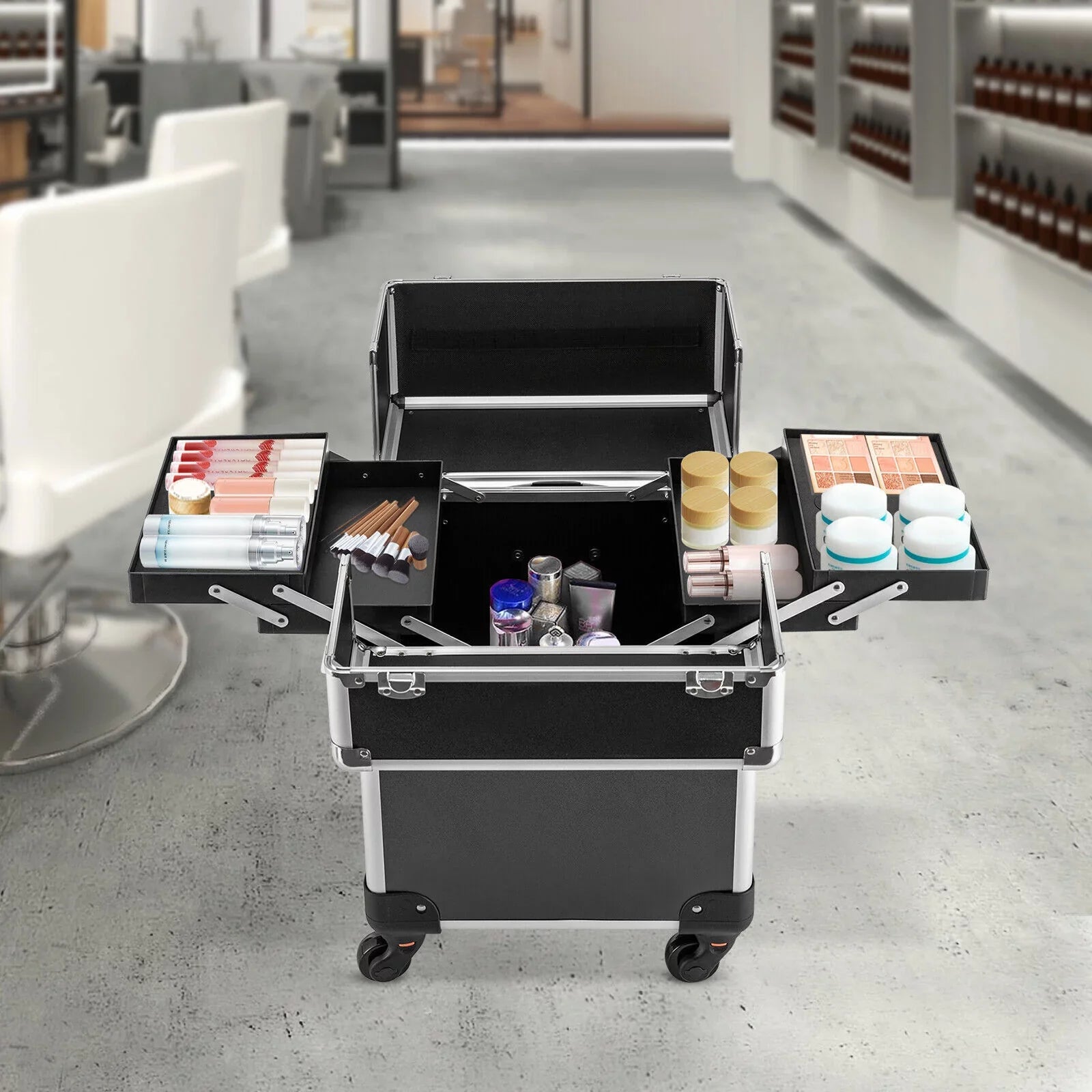 with Rolling Luggage Nail Travel Box Trunk (Black) Train Hairdresser Salon Wheels Lockable Beauty Organizer Case Tool Trolley, Cart Case Stylist Makeup Swivel Cosmetic Barber
