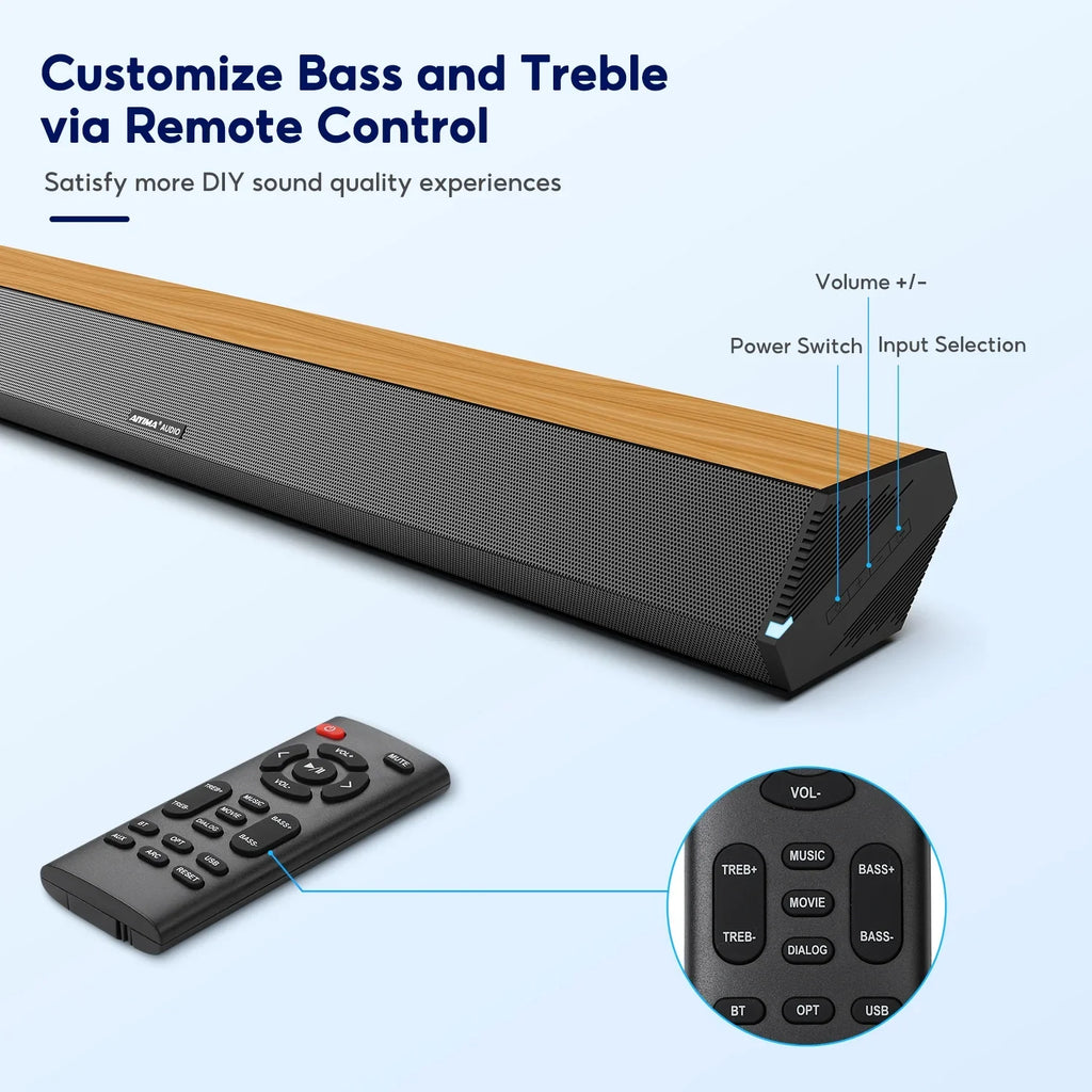 3 Bar 5.0, EQs, TV S03PRO System Bluetooth Theater Speakers, AUX for Audio with Soundbar Coaxial 110dB 60W Connection, 28-Inch Home HDMI-ARC, AIYIMA 4 Sound USB Soundbar Optical Surround