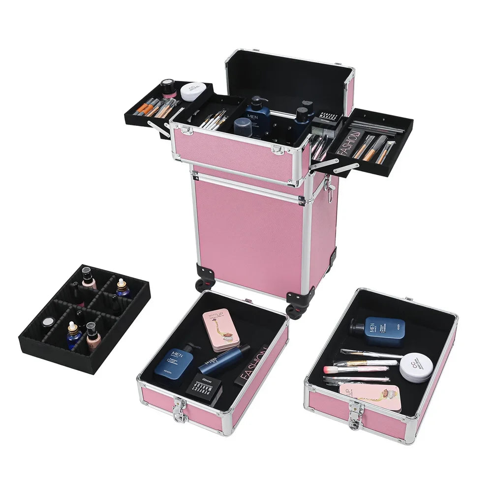 Rolling Case Makeup Case with Trolley Drawers Train Zeng Makeup Case,Pink
