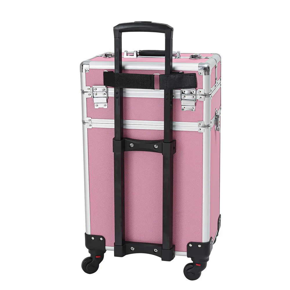 Rolling Case Makeup Case with Trolley Drawers Train Zeng Makeup Case,Pink