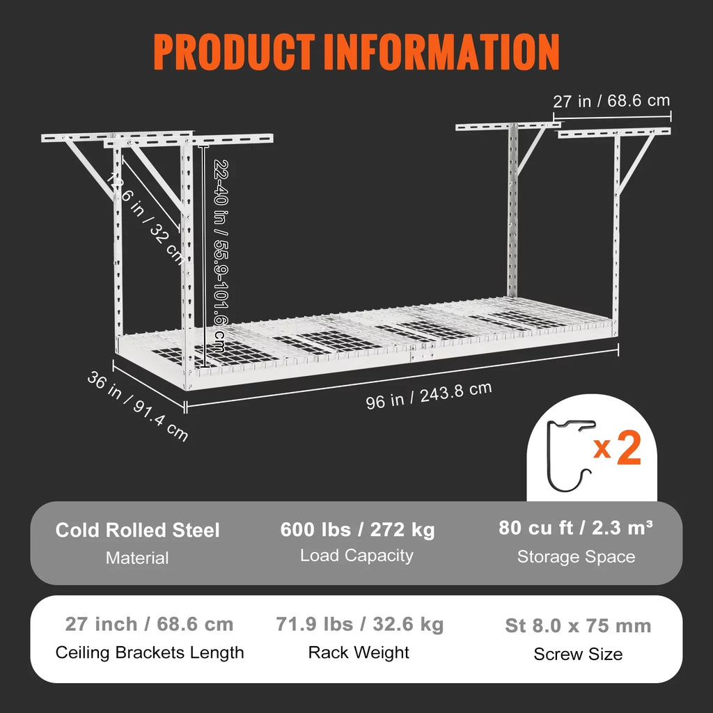 600lbs 36x96in Rack Ceiling Storage Garage Adjustable VEVOR Rack White Overhead
