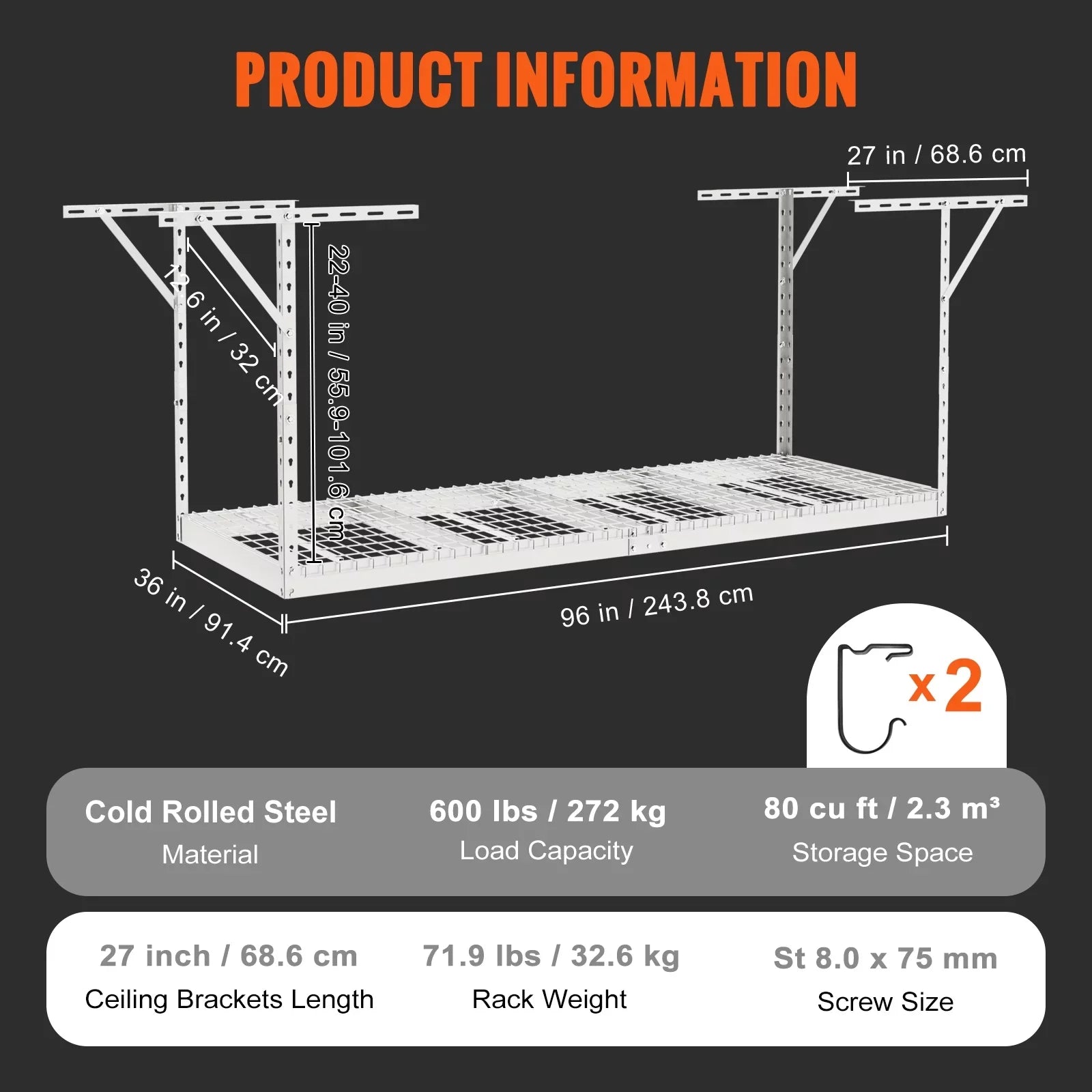 600lbs 36x96in Rack Ceiling Storage Garage Adjustable VEVOR Rack White Overhead