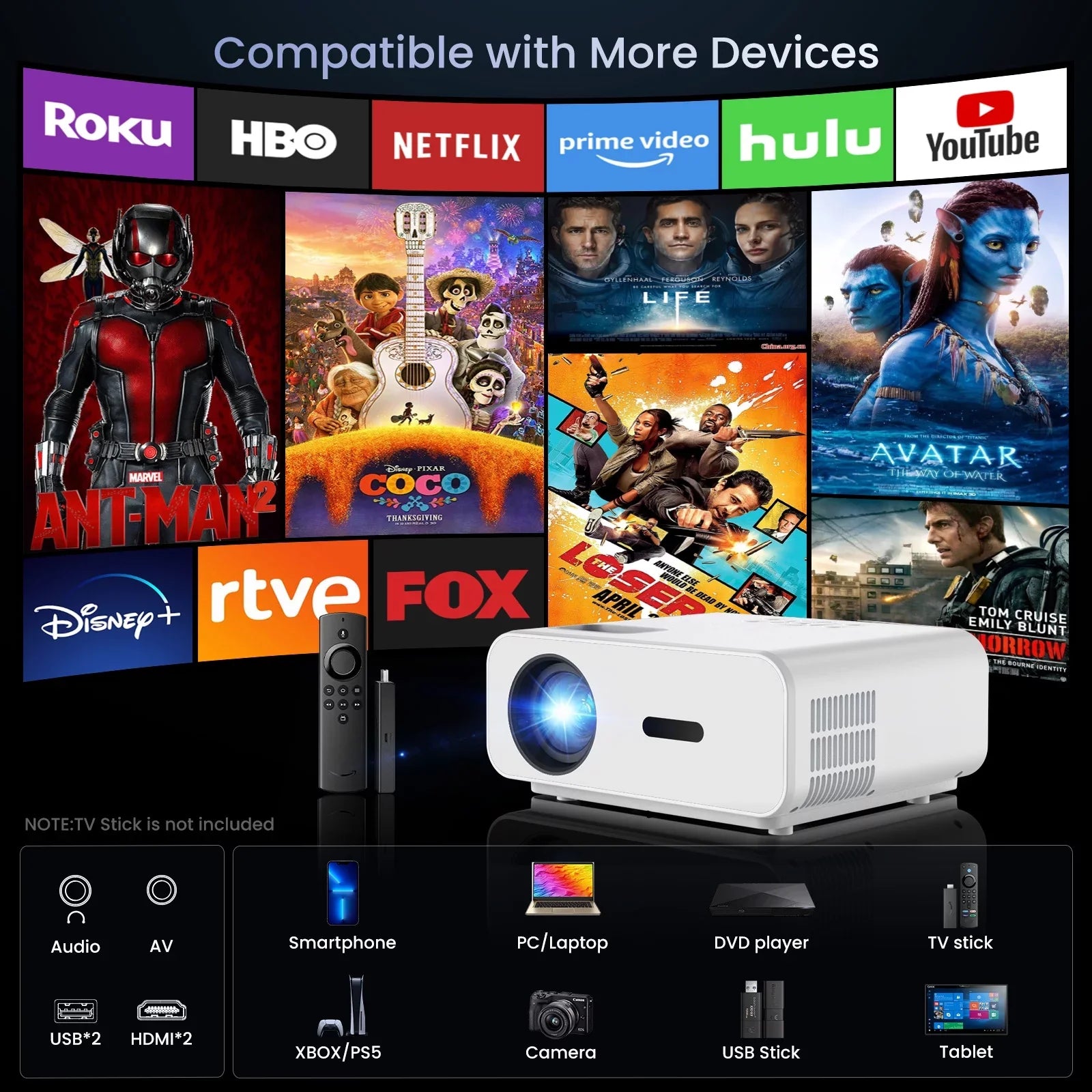 Projector AUOSHI Home , 1080P exterior , Projector For 4K Support 12000LM Projector Video Theater and with Wifi Projector Portable 5G/2.4G Mini Bluetooth, Movie