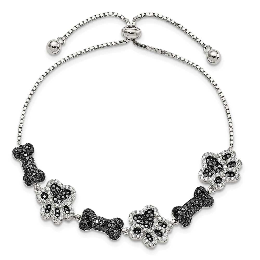 Bracelet Polished Print Adj Silver Bone Dog Paw Sterling CZ &