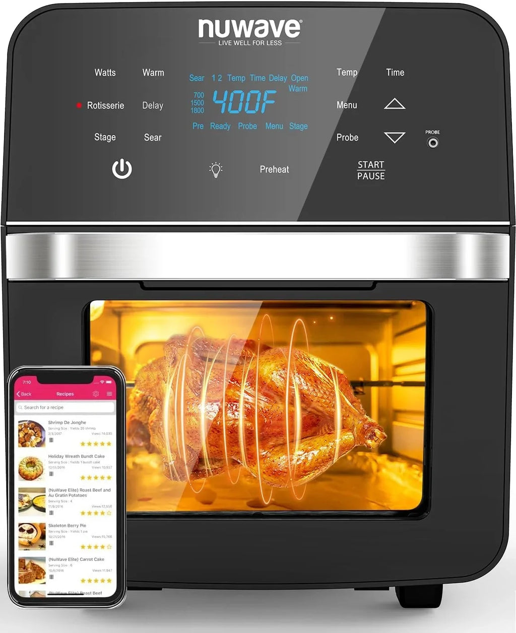 Thermometer Powerful Fryer Kit, Basket Controls, HOZO Family SS Smart &-Skewer dimension, Air 1800W, X-Large Integrated Temp Brio 50F-425F Rotisserie 15.5Qt Oven,