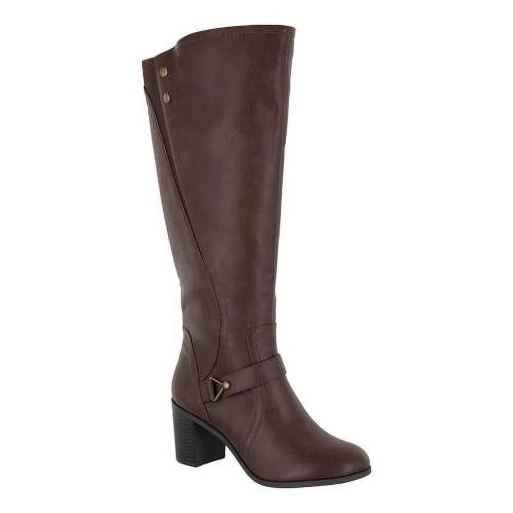 Toe Format Brown Boot Block 8.5 Riding Studded STREET W EASY Womens Heel Elastic Goring Zip-Up Round Strappy