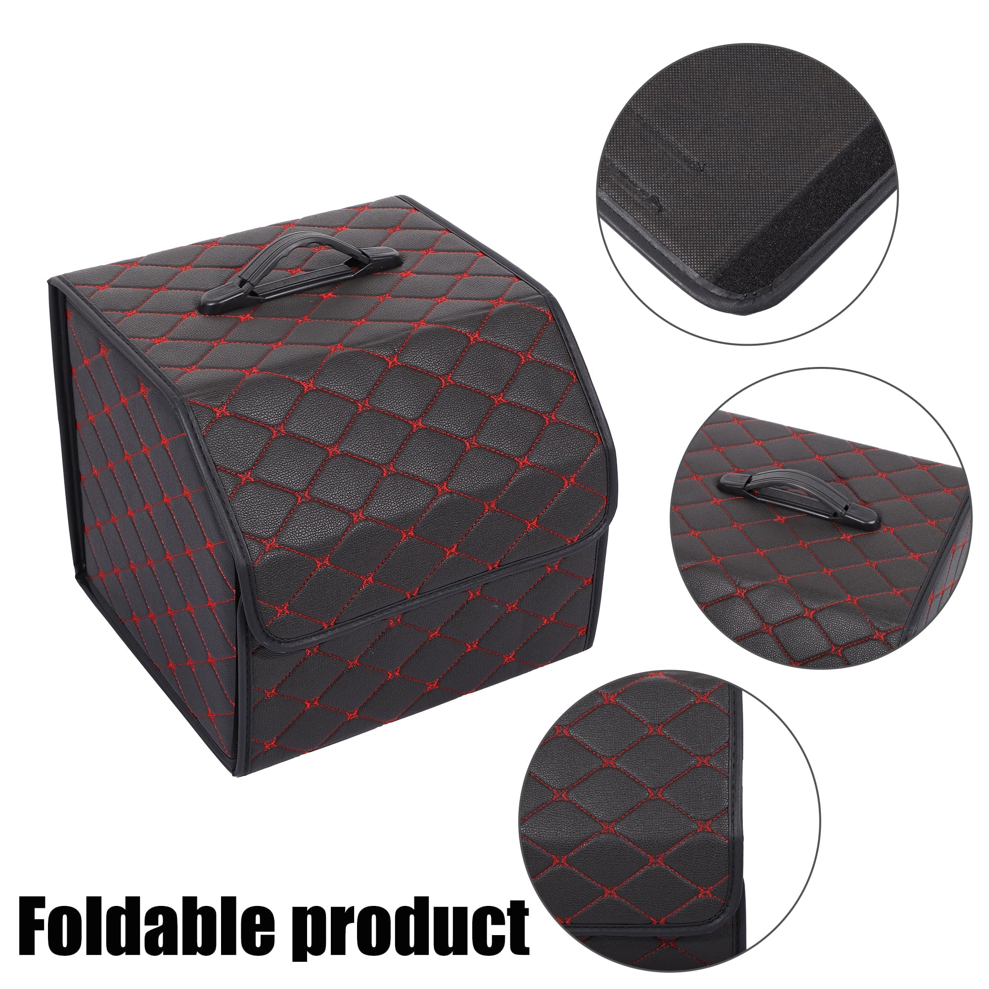 Handle PU Boot Foldable Trunk Truck Bag Storage SUV Black Bag 33x31x29cm Car with Leather Organiser for Red Stitches