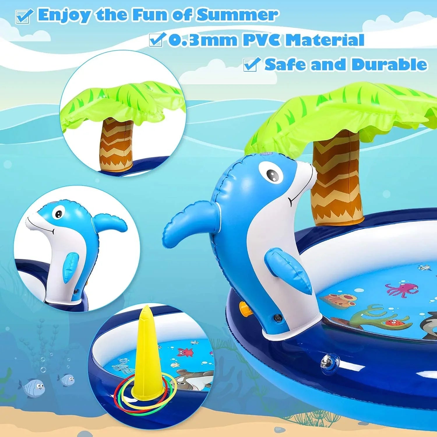 Swimming Kid Pool, Pool Dolphin With Blow Swimming Up Toddler Blue Pool, Sprinklers, exterior Inflatable toys,