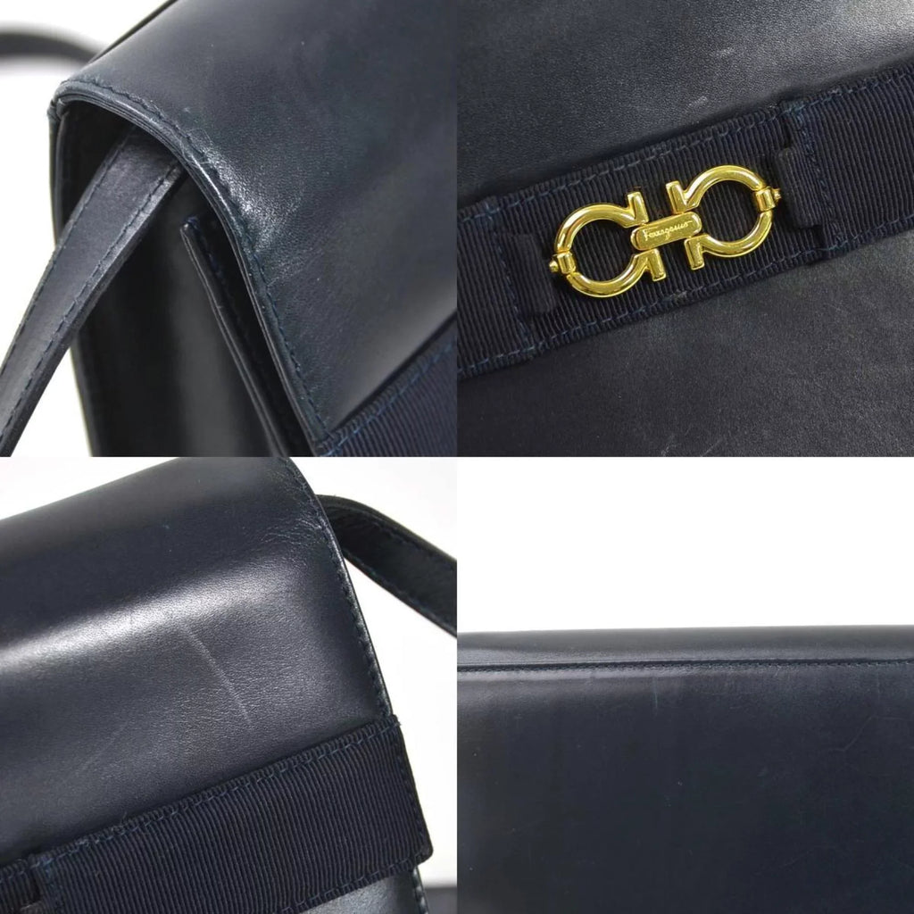 Pre-Owned Shoulder Ferragamo Bag Salvatore Navy Gold Gancini Ladies Leather (Good)