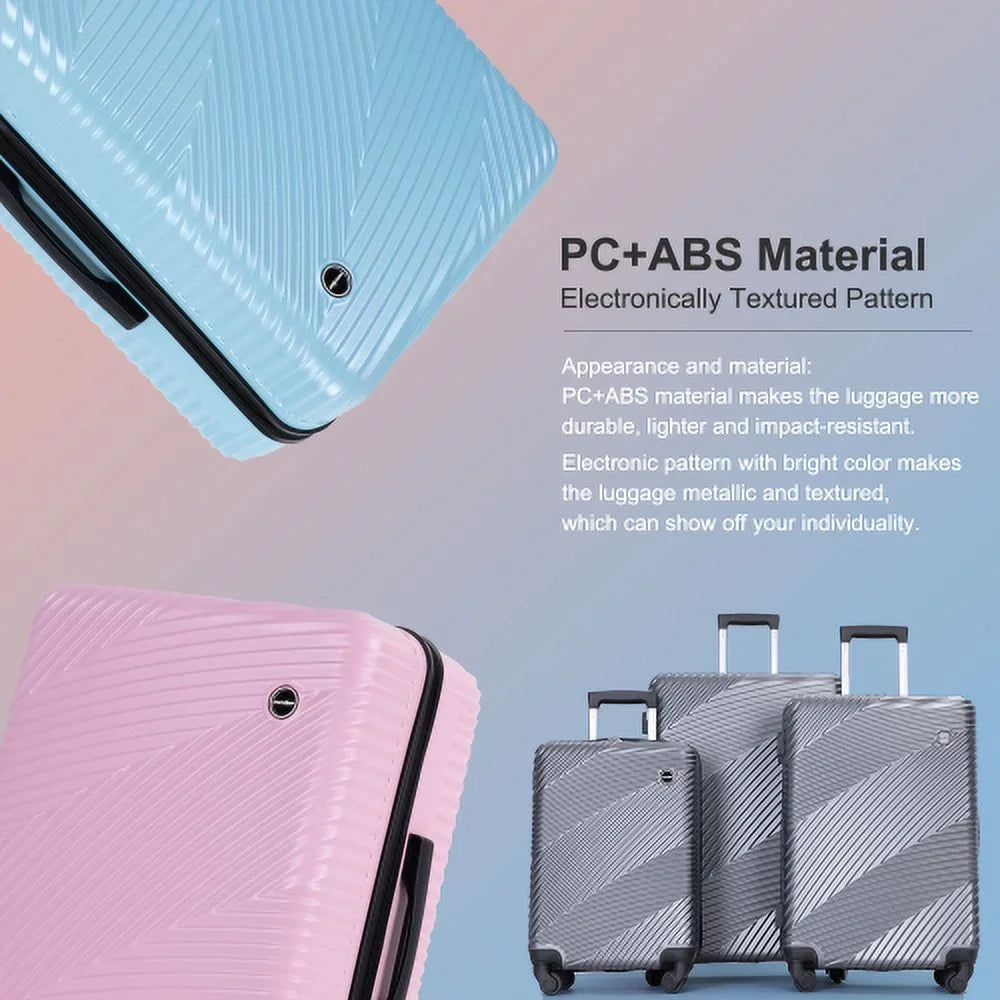 Sets 3 Spinner Gray Two (20/24/28) with Luggage Lightweight Hooks, Suitcase Piece PC+ABS Wheels,