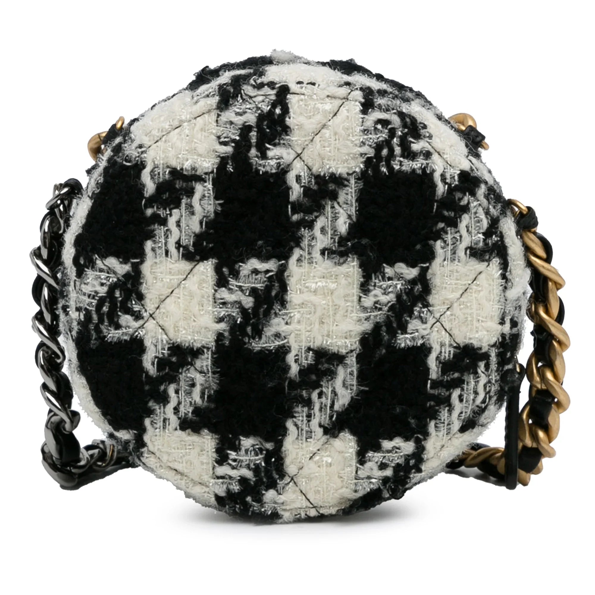 Chain Unisex with Coin 19 Lambskin Purse Black (Good) Clutch Bag Tweed Authenticated Pre-Owned Fabric Round Crossbody and