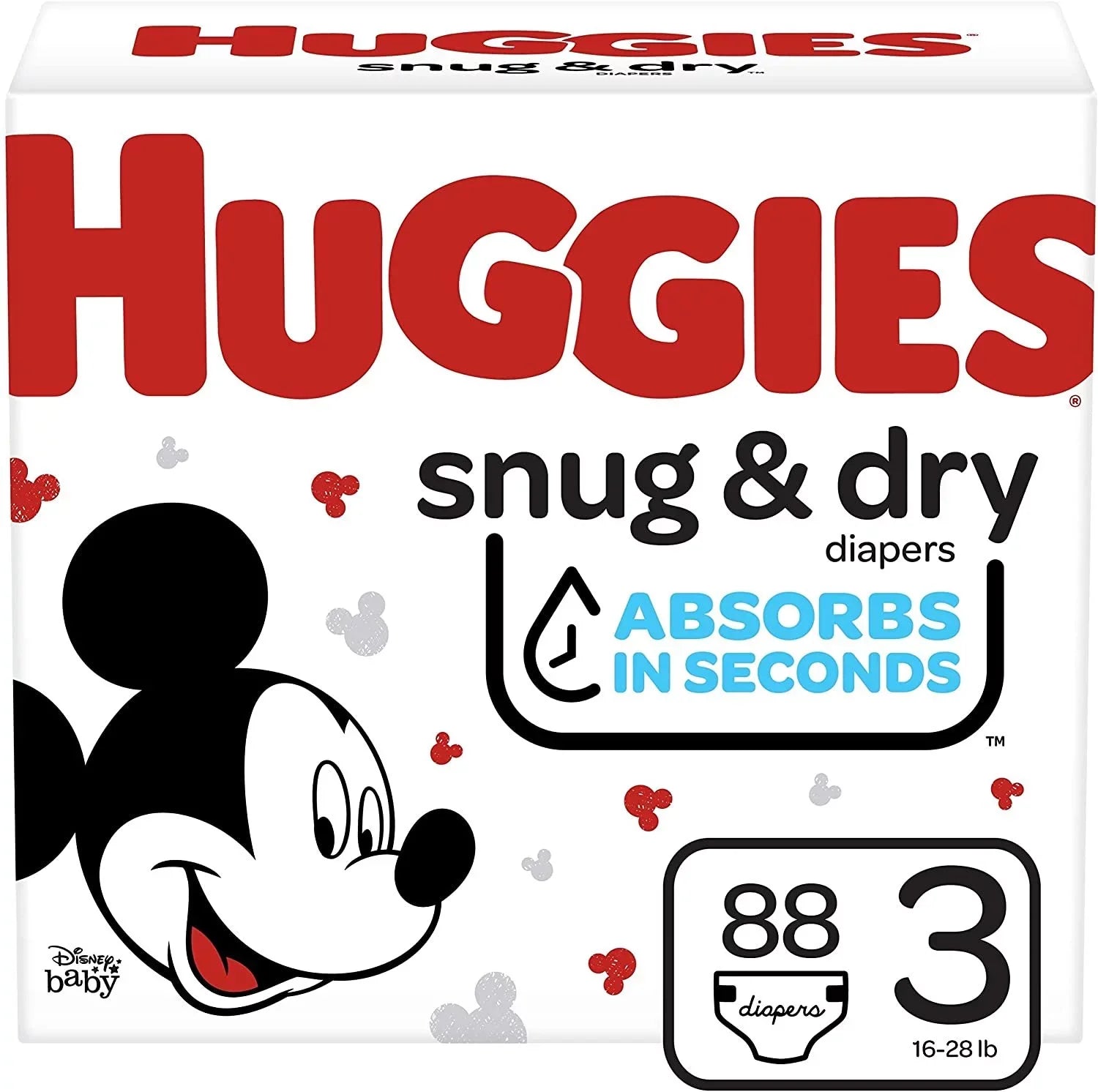 Pack, 3 Snug HUGGIES Count Diapers Baby and 88 Dry dimension Big
