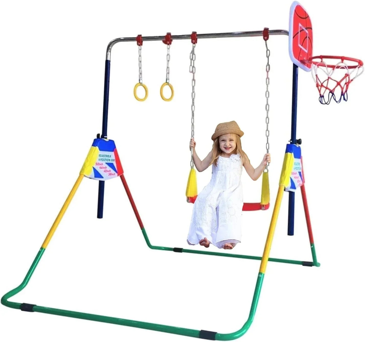 Gymnastics Bar with Gym 4-in-1 Set Rings, Training Swing, - Hoop Folding Junior for Basketball Bar Home Height-Adjustable