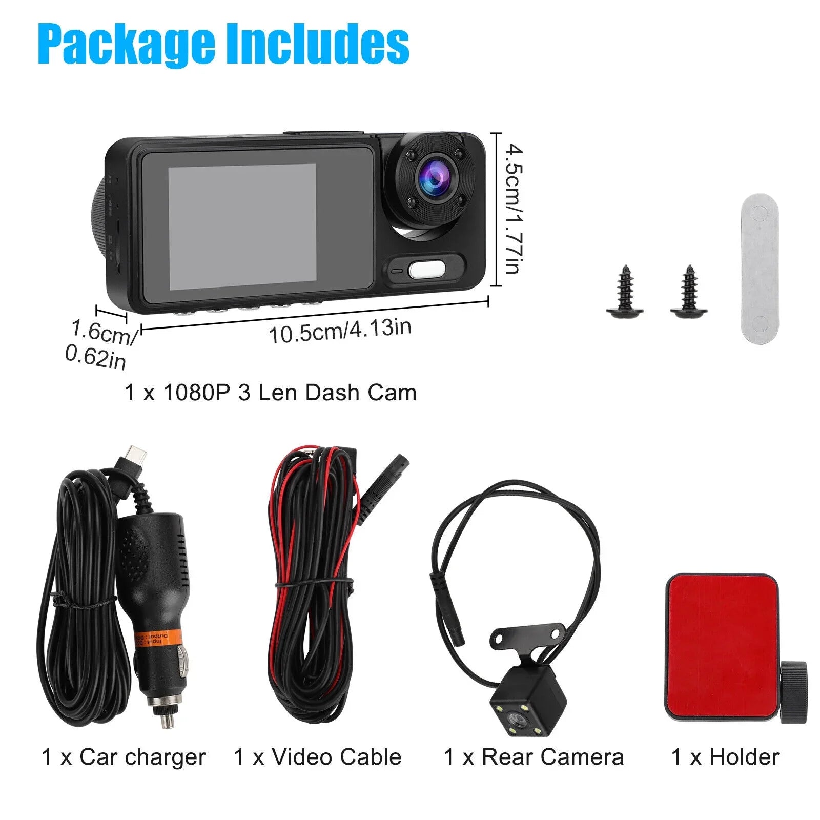 Lens HD Car Front/Rear/Inside 1080P 2" Dash Camera Video G-sensor Recorder Dual