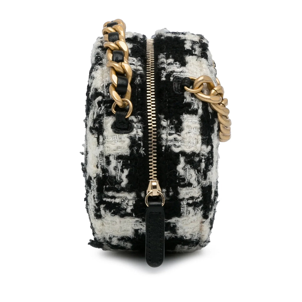Chain Unisex with Coin 19 Lambskin Purse Black (Good) Clutch Bag Tweed Authenticated Pre-Owned Fabric Round Crossbody and
