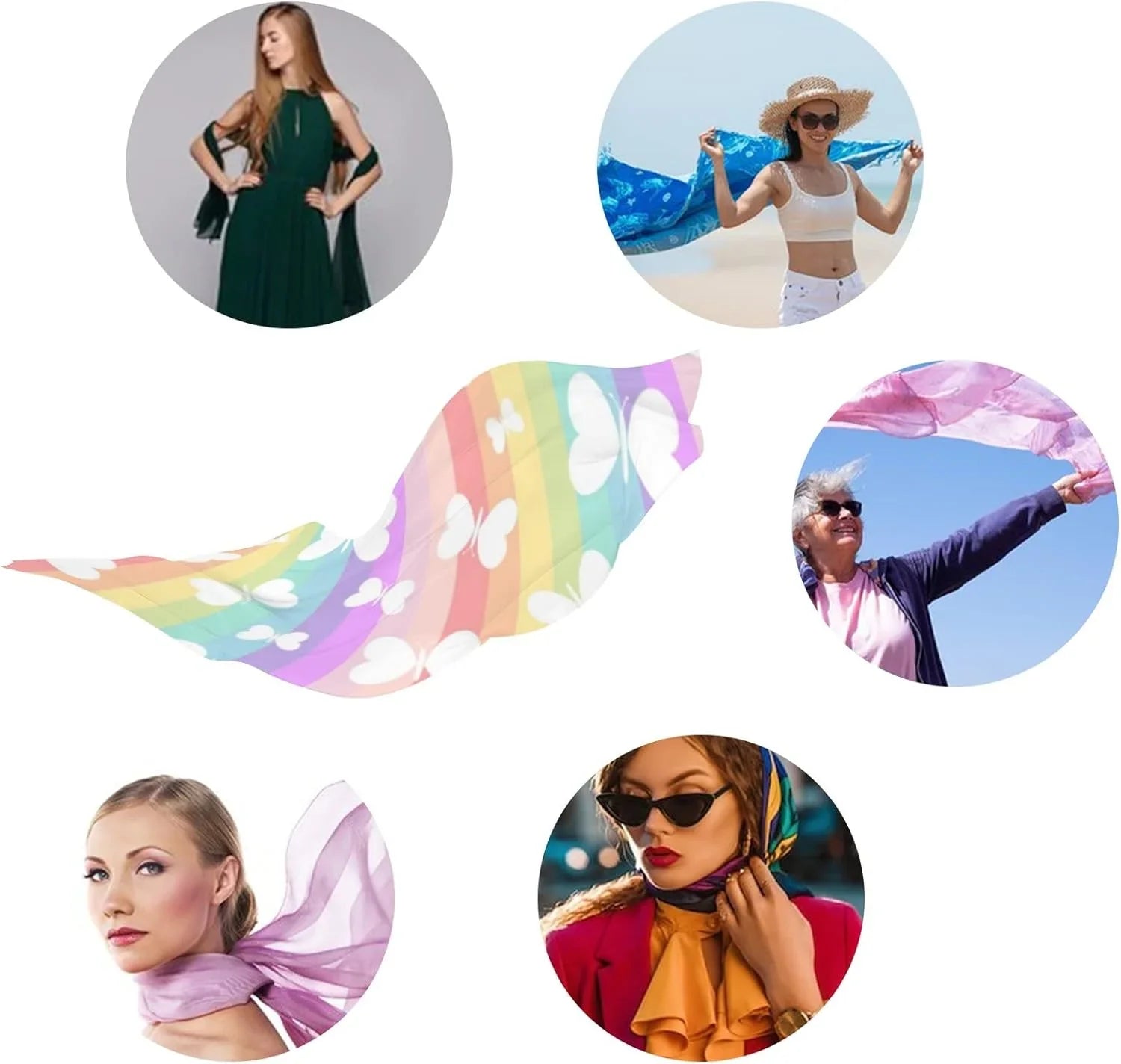 Girls Rainbow Scarves Long Hyjoy Lightweight Scarf Silk Neck Butterflies On Stripes Shawl Women for Wrap