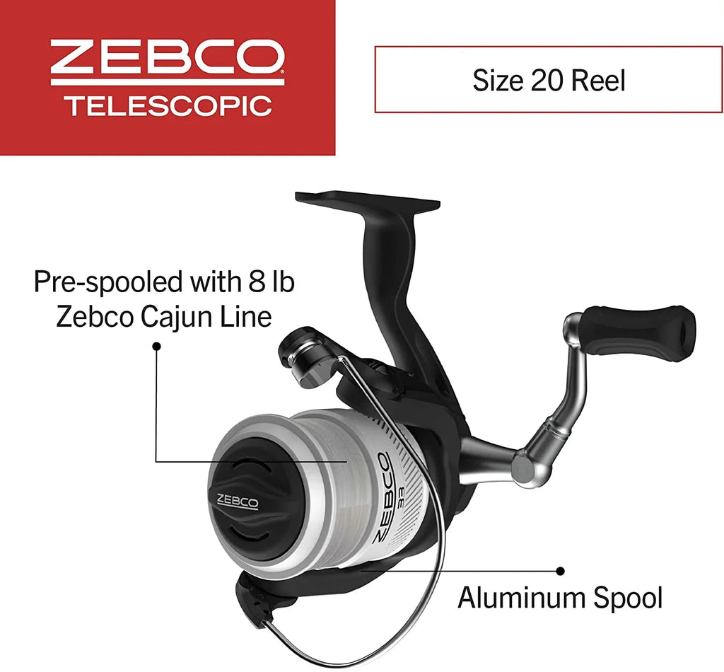 Rod, and Reel, Combo, Fishing Rod 33 Zebco Reel 6-Foot Telescopic 30 Silver/Black dimension Spinning