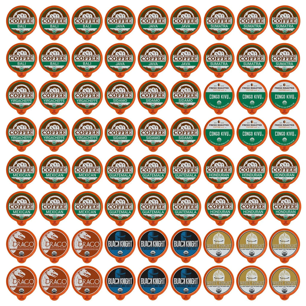 Coffee Coffee, K-Cup 72 Roasted Sampler, Count for Brewers Fresh Organic Pod Keurig