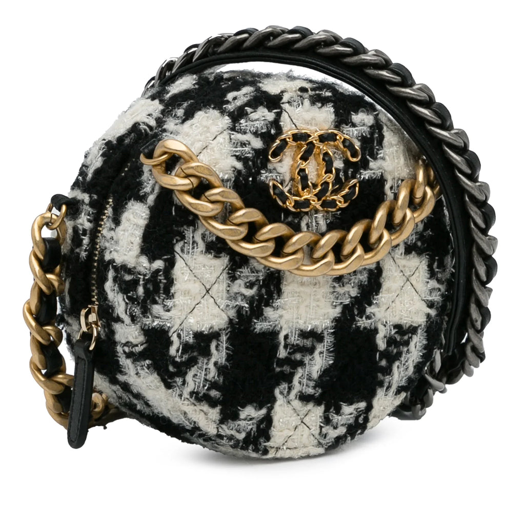 Chain Unisex with Coin 19 Lambskin Purse Black (Good) Clutch Bag Tweed Authenticated Pre-Owned Fabric Round Crossbody and