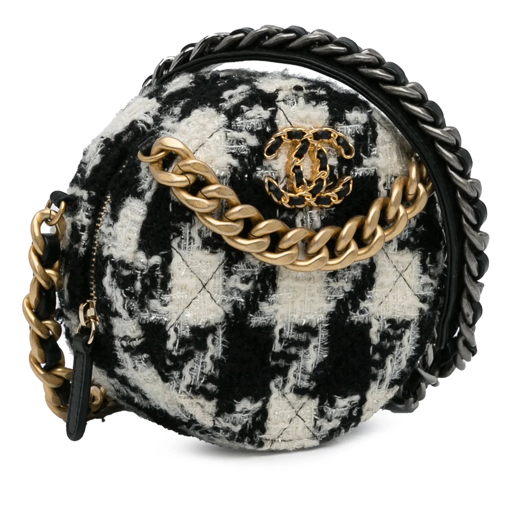 Chain Unisex with Coin 19 Lambskin Purse Black (Good) Clutch Bag Tweed Authenticated Pre-Owned Fabric Round Crossbody and