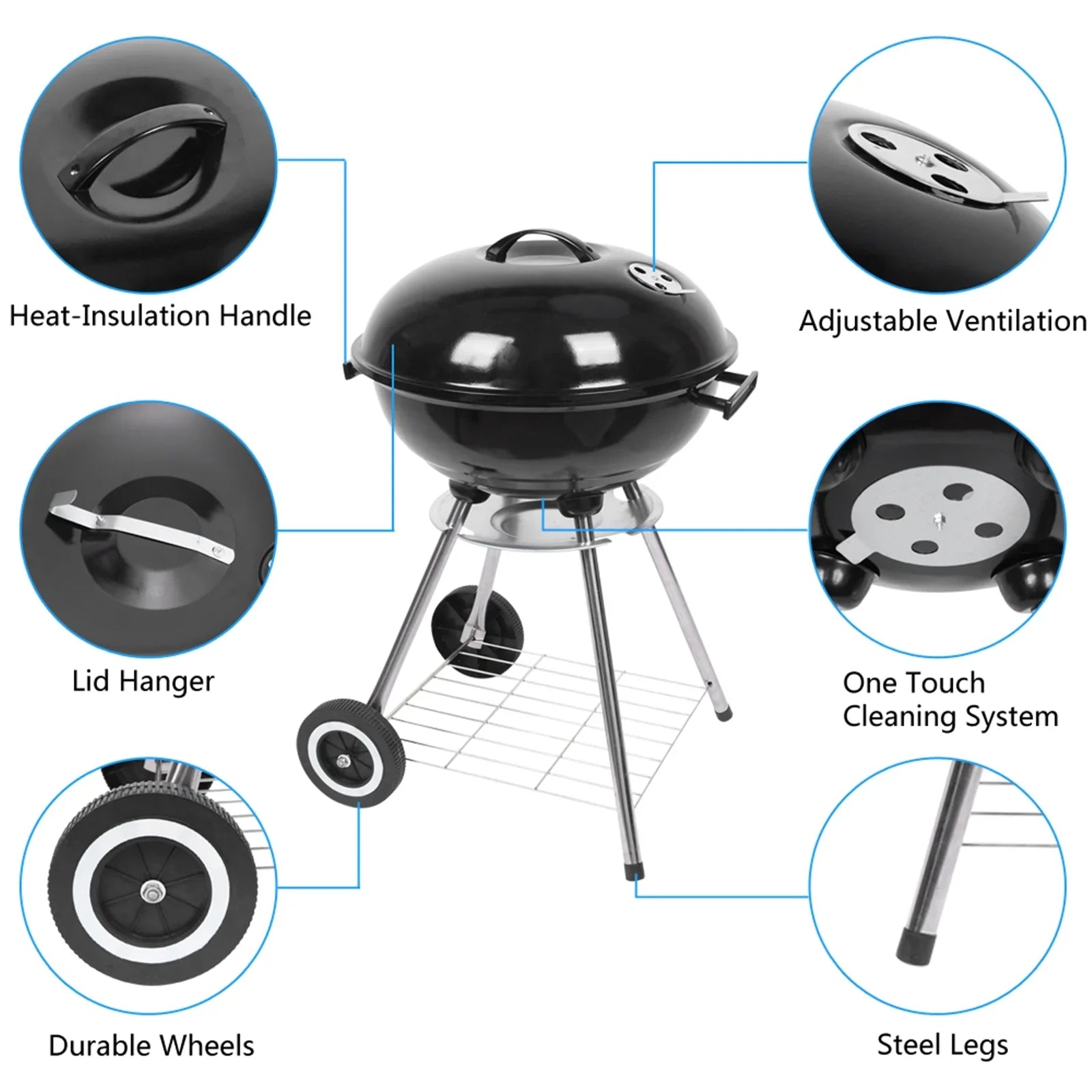 Charcoal on Storage Grill Area, Grill Steel w/ Cooking Wheels, Grill Camping inch with Grate 18 exterior BBQ