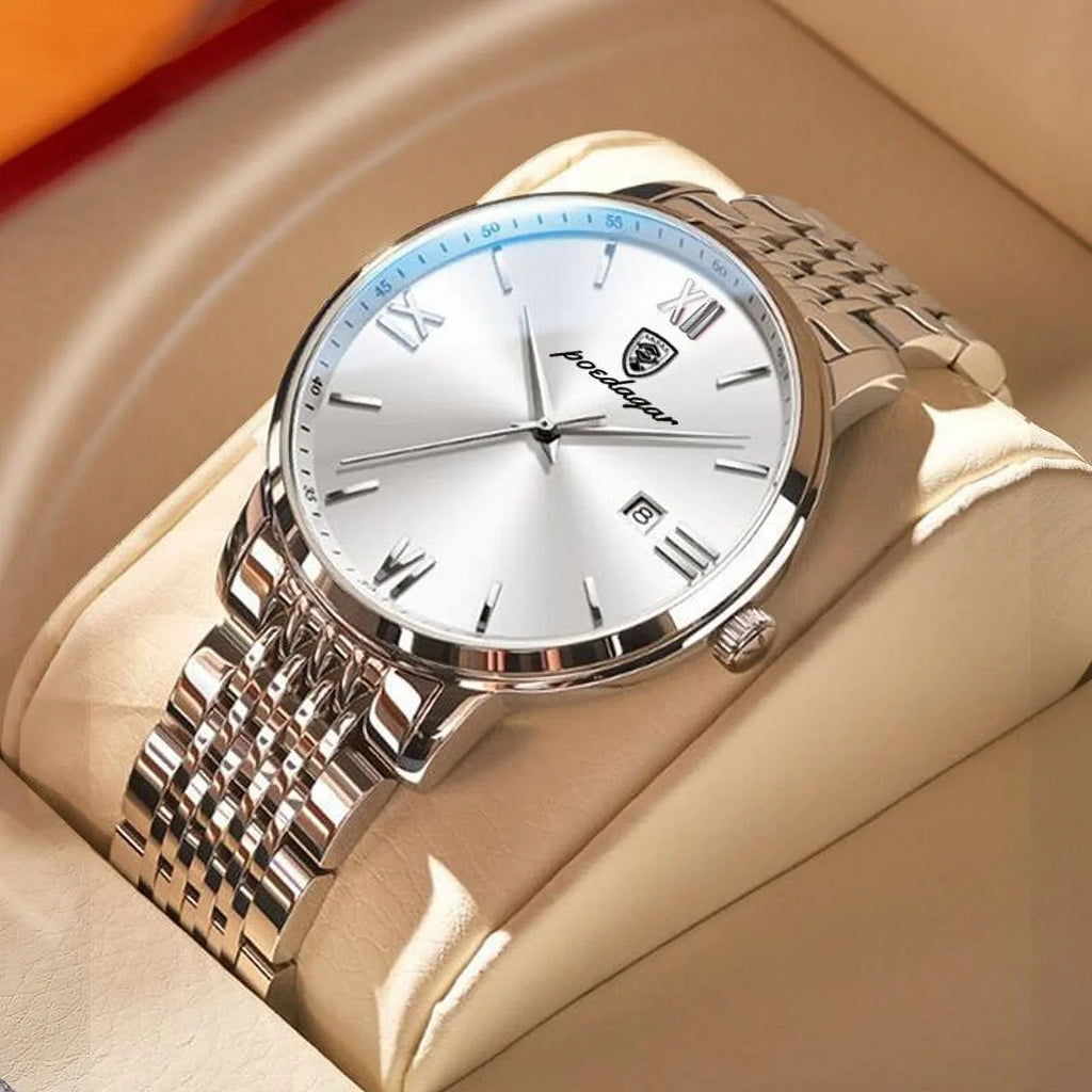 Waterproof Cool Men Fashion Business Stainless Quartz Ultra-Thin Calender New Week Luxury Steel POEDAGAR Watches Wristwatch