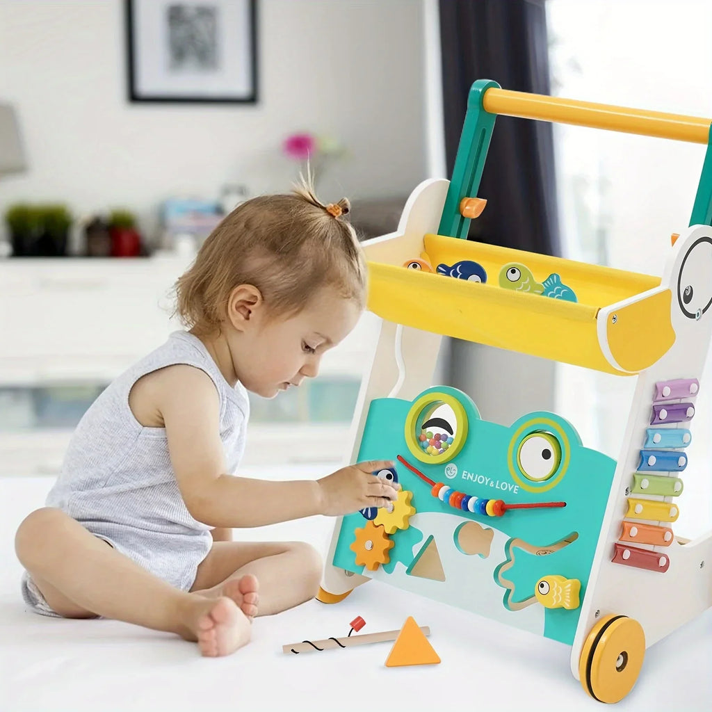 Trolley Walker Entertainment Toy Shape Learning for Sit-to-Stand Multiple Toddler Walker Baby Fishing Wooden Kids Baby Activity Along Xylophone Boys Infants Sorter Push Center with Girls Push