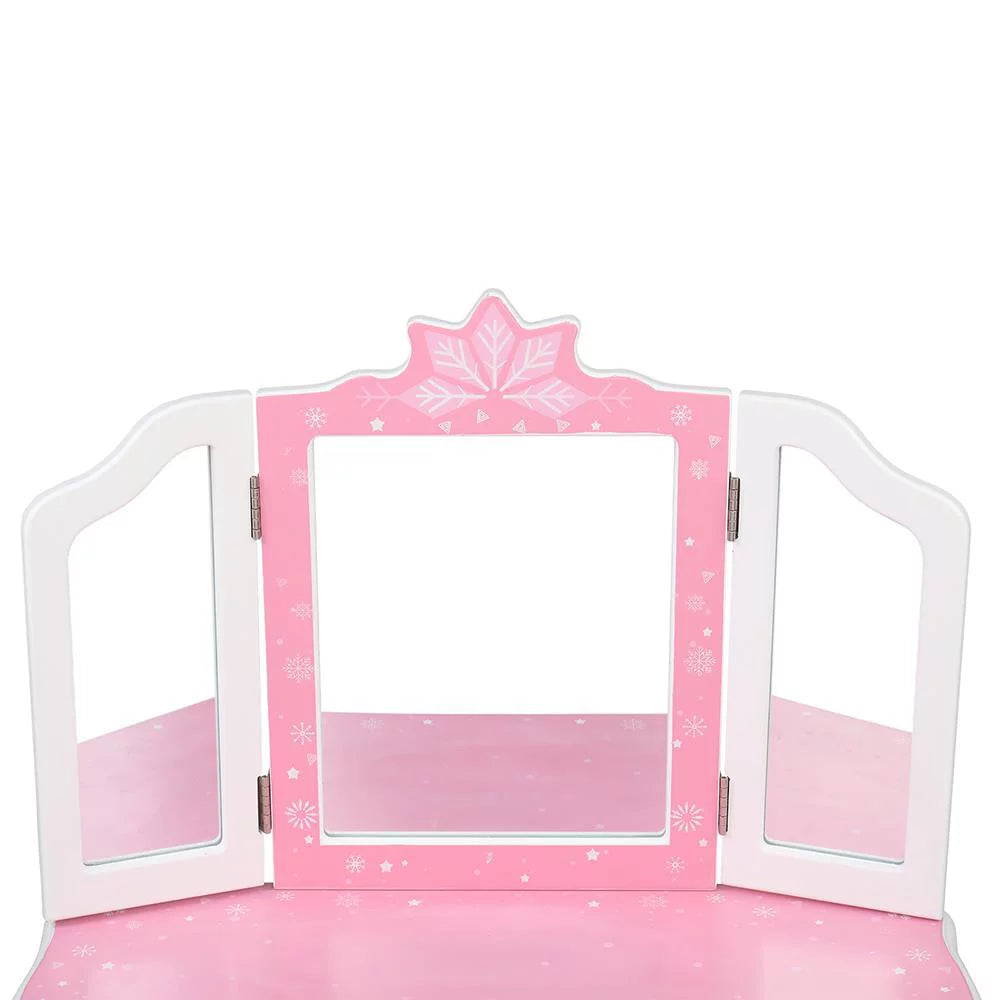 w/ design Wooden Desk Kids Mirror,Stool,Drawer Pink Makeup Vanity Snow SalonMore
