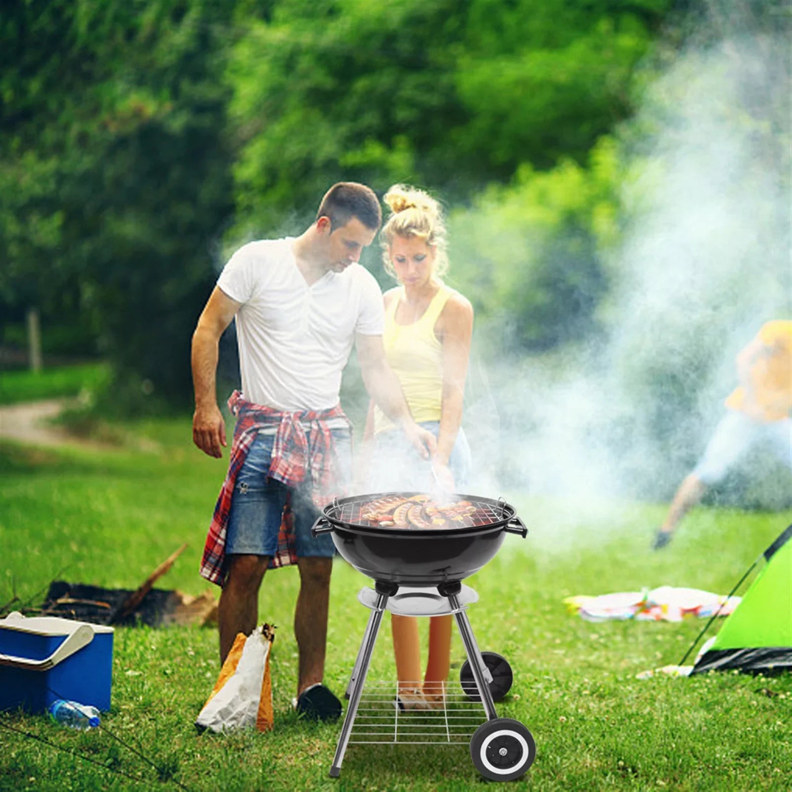Charcoal on Storage Grill Area, Grill Steel w/ Cooking Wheels, Grill Camping inch with Grate 18 exterior BBQ