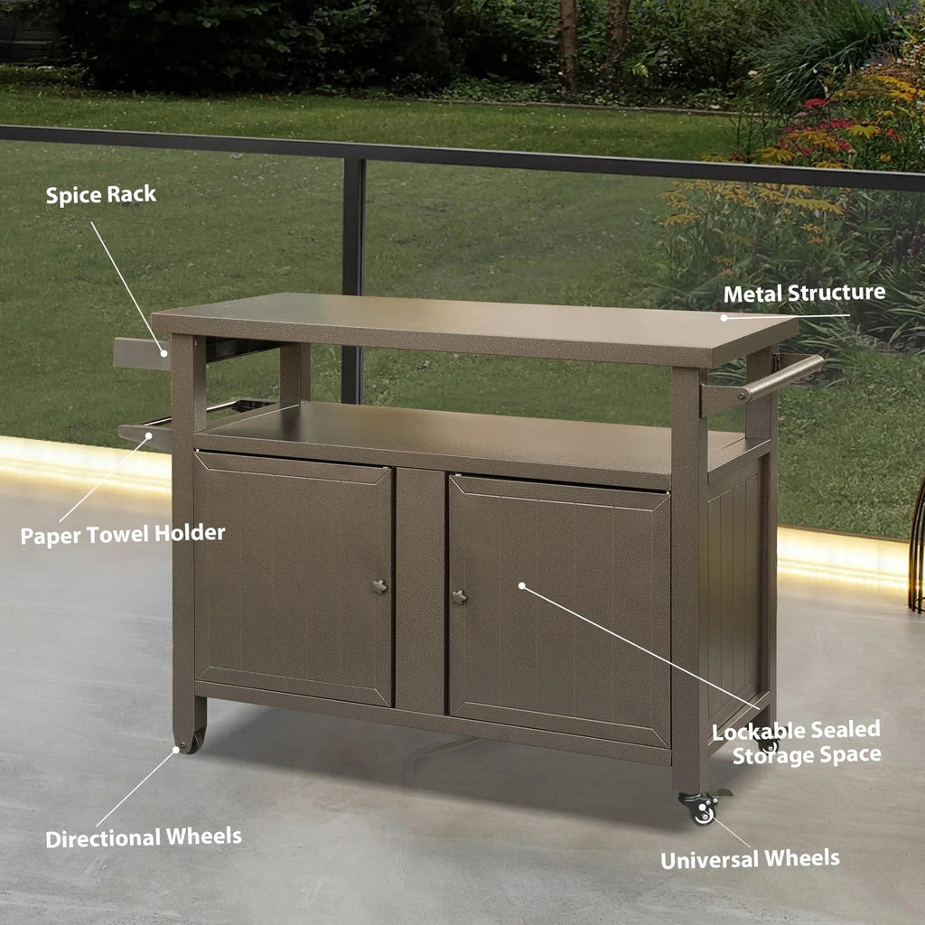 Cooking Kitchen Table Wheels, for Party, Dining Storage exterior Patio, Metal Grill (Brown) Cabinet Kitchen exterior Carts BBQ Table Bar with Prep Home Island, Grill Table CoSoTower