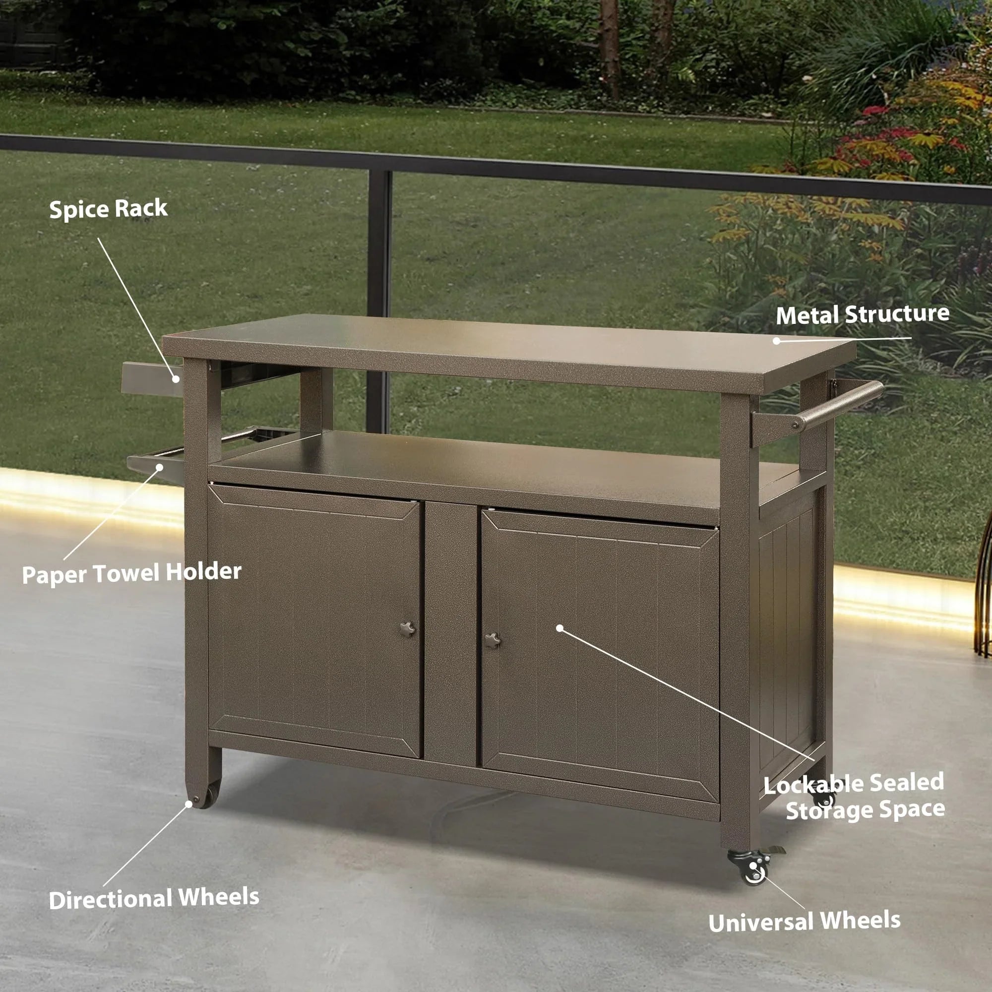 Cooking Kitchen Table Wheels, for Party, Dining Storage exterior Patio, Metal Grill (Brown) Cabinet Kitchen exterior Carts BBQ Table Bar with Prep Home Island, Grill Table CoSoTower