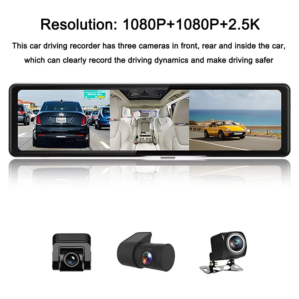 12in Touched Recorder Recording Driving Car Clear Video 2.5K Mirror Rearview Recorder 3 Cam Auto Dash Cameras Car OWSOO Screen Car Carplay