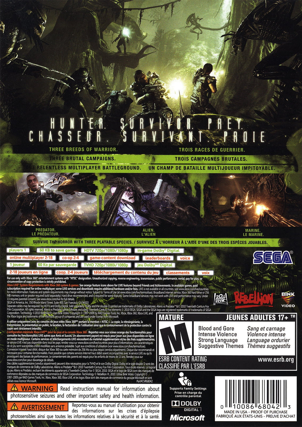 360 Predator SEGA - Xbox vs Aliens
