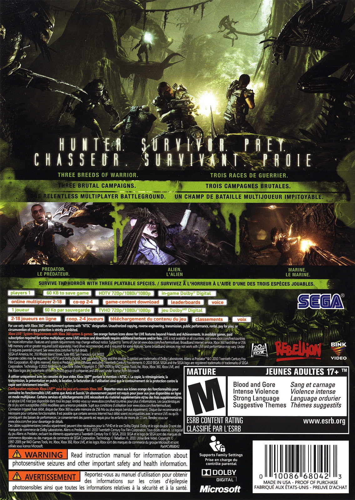 360 Predator SEGA - Xbox vs Aliens