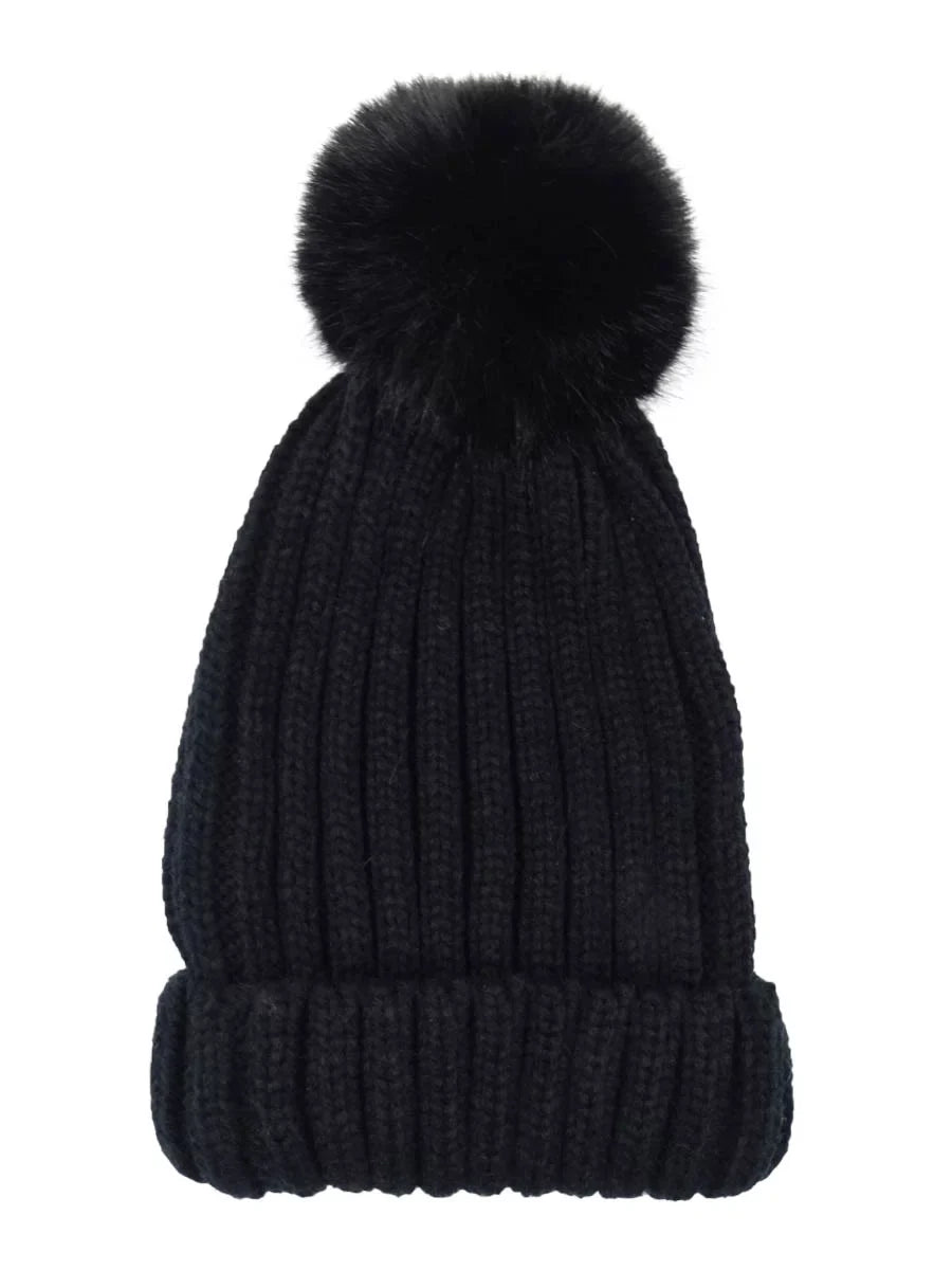Hat Black) Adrienne Landau Fur Women's Faux Pompom (O/S,