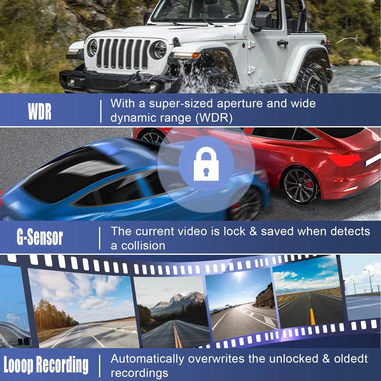 Lens HD Car Front/Rear/Inside 1080P 2" Dash Camera Video G-sensor Recorder Dual
