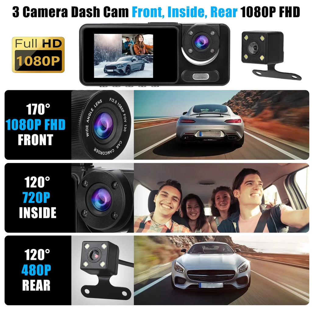 Lens HD Car Front/Rear/Inside 1080P 2" Dash Camera Video G-sensor Recorder Dual