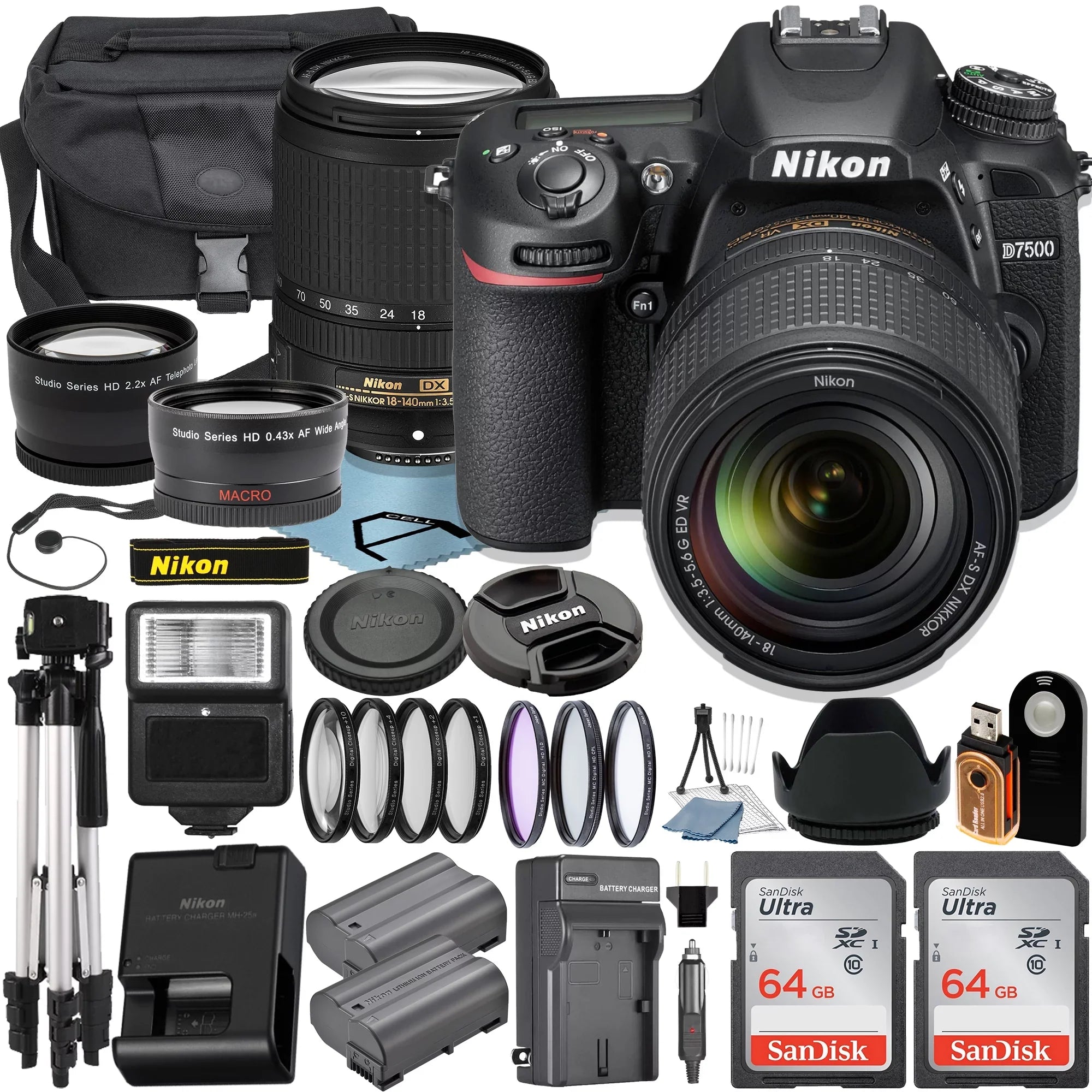 Card + + Memory Tripod + Nikon Accessory Case Lens 18-140mm + Bundle 64GB + with A-Cell D7500 Camera Filter SanDisk DSLR 2pcs UV