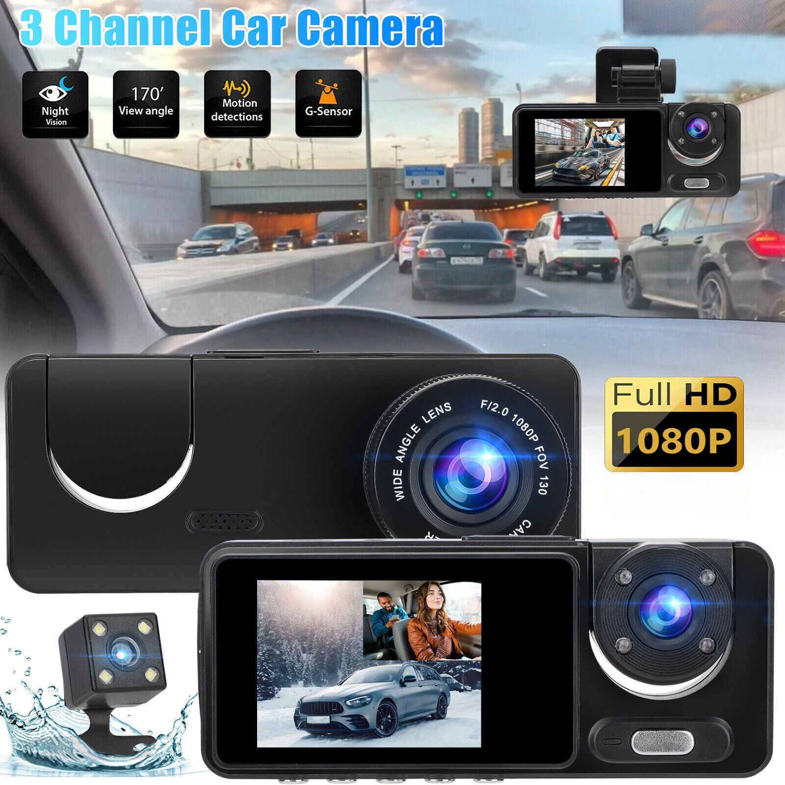 Lens HD Car Front/Rear/Inside 1080P 2" Dash Camera Video G-sensor Recorder Dual