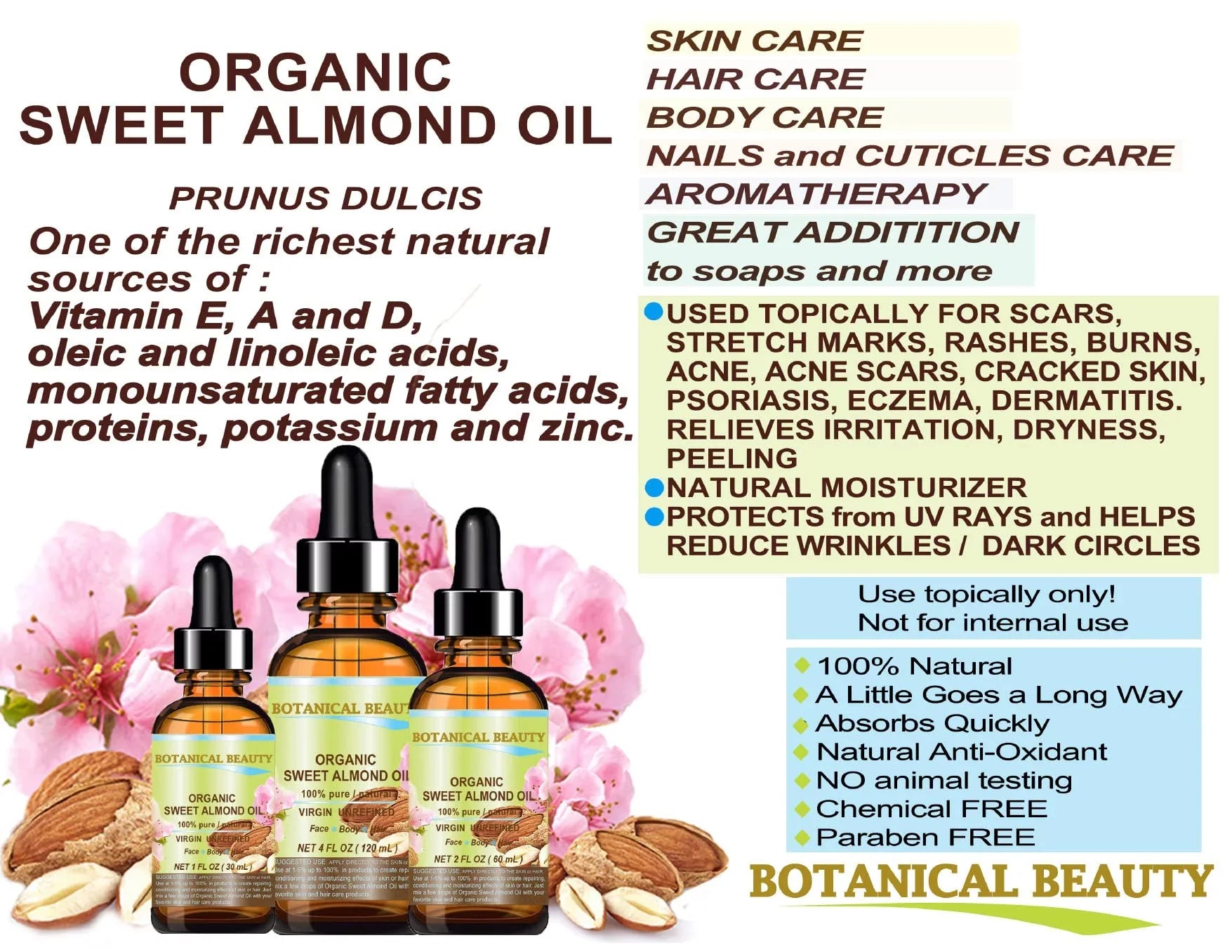 Organic Pure/Virgin/Unrefined 2 Oil Oz-60 For Face, Sweet Beauty Cold 100% Almond And Botanical Oil. Pressed Ml. Hair Body. Carrier