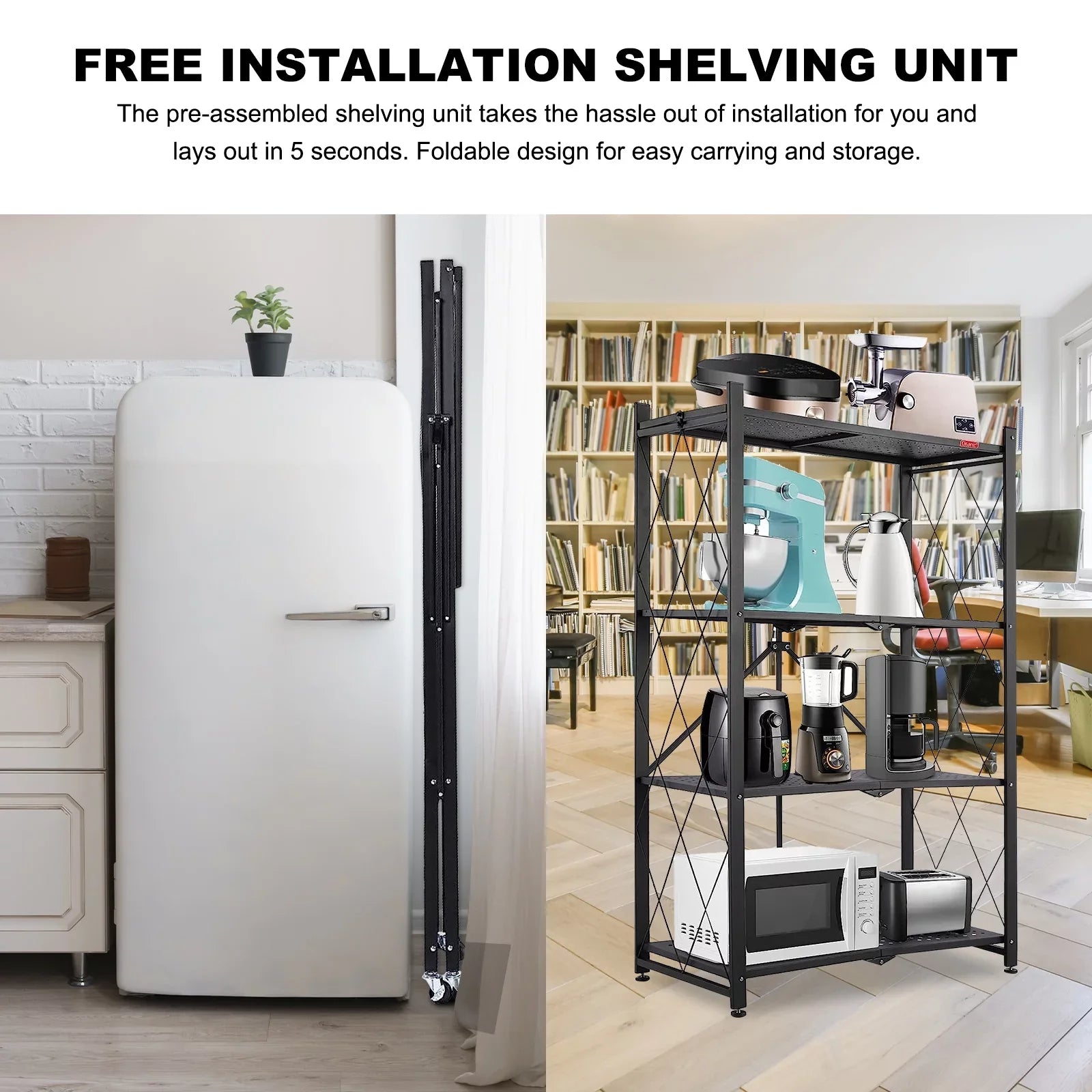Wheels Storage Kitchen & Display, Storage Cart Rolling Foldable 4-Tier - Closet Shelf Shelves, - for Black Unit Decor Shelving Room Organizer, Books Pantry with Metal Office Collapsible