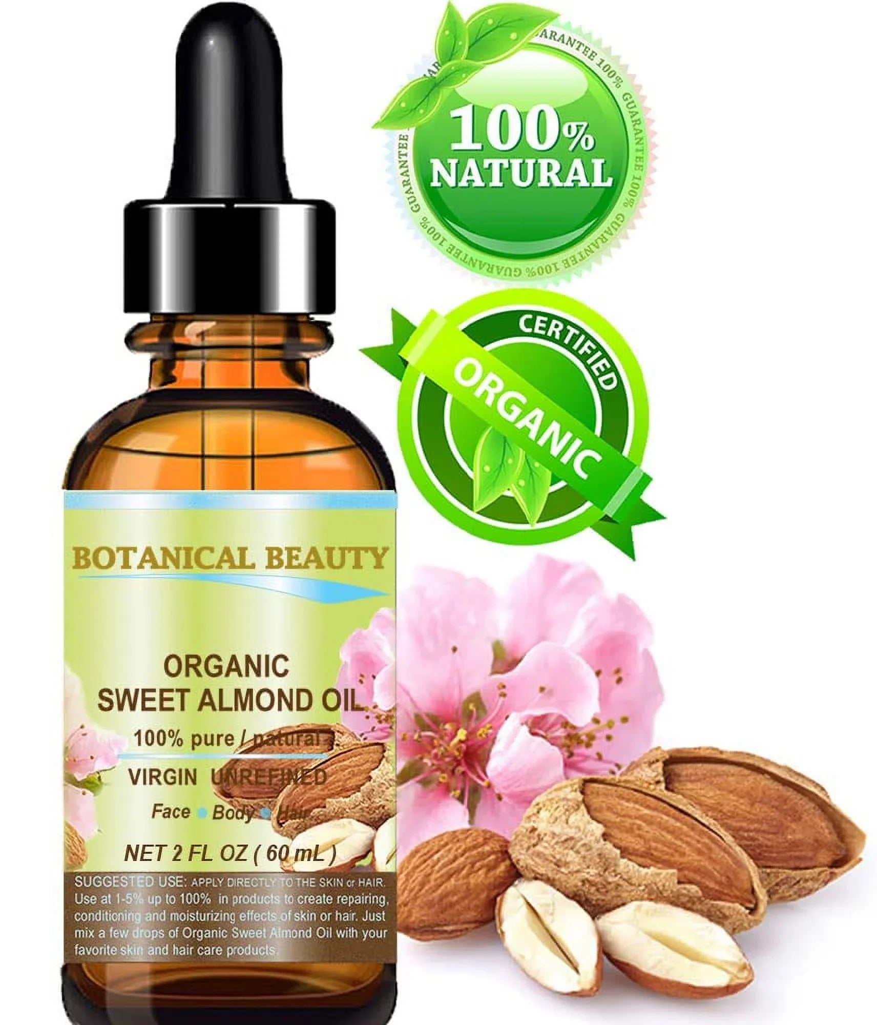 Organic Pure/Virgin/Unrefined 2 Oil Oz-60 For Face, Sweet Beauty Cold 100% Almond And Botanical Oil. Pressed Ml. Hair Body. Carrier