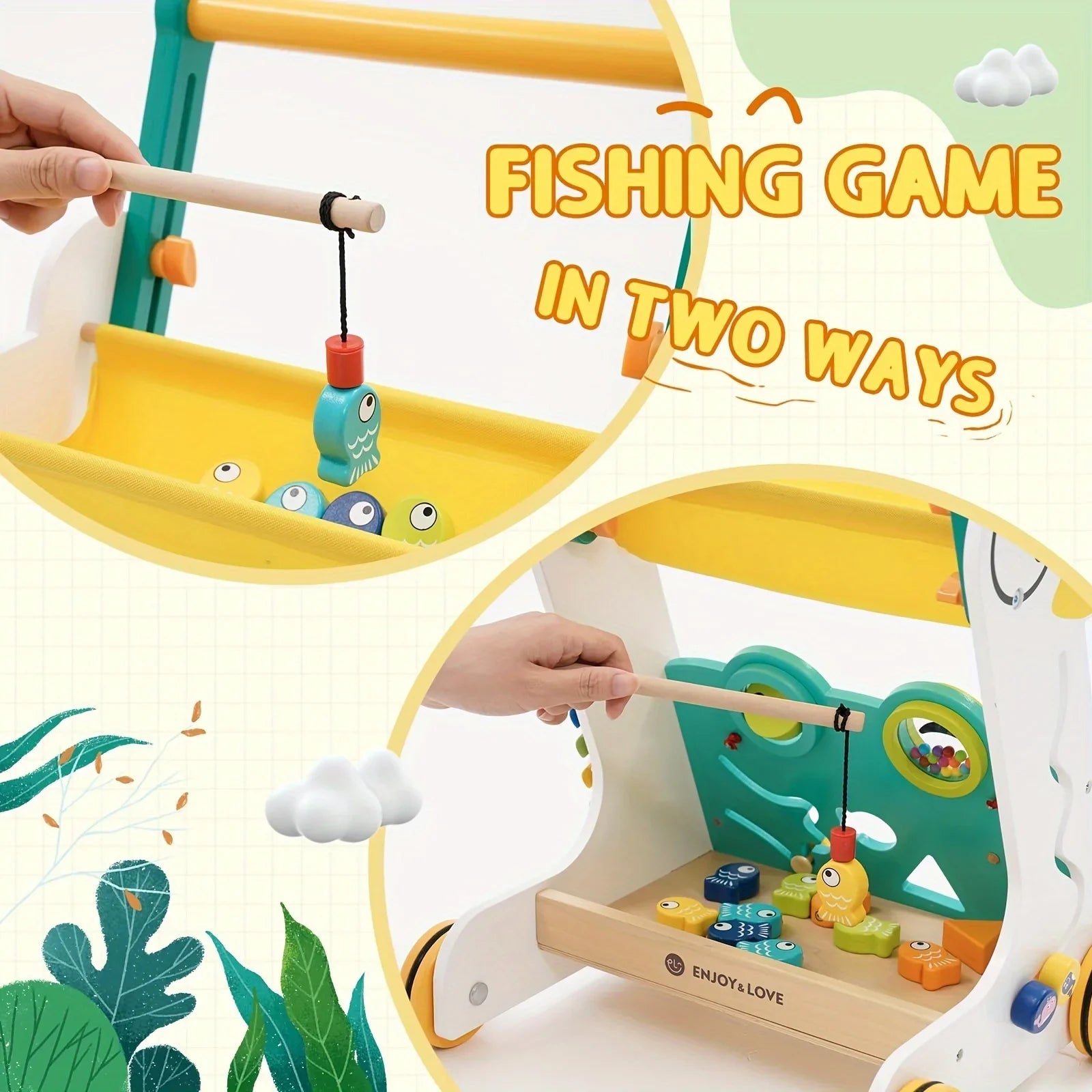 Trolley Walker Entertainment Toy Shape Learning for Sit-to-Stand Multiple Toddler Walker Baby Fishing Wooden Kids Baby Activity Along Xylophone Boys Infants Sorter Push Center with Girls Push