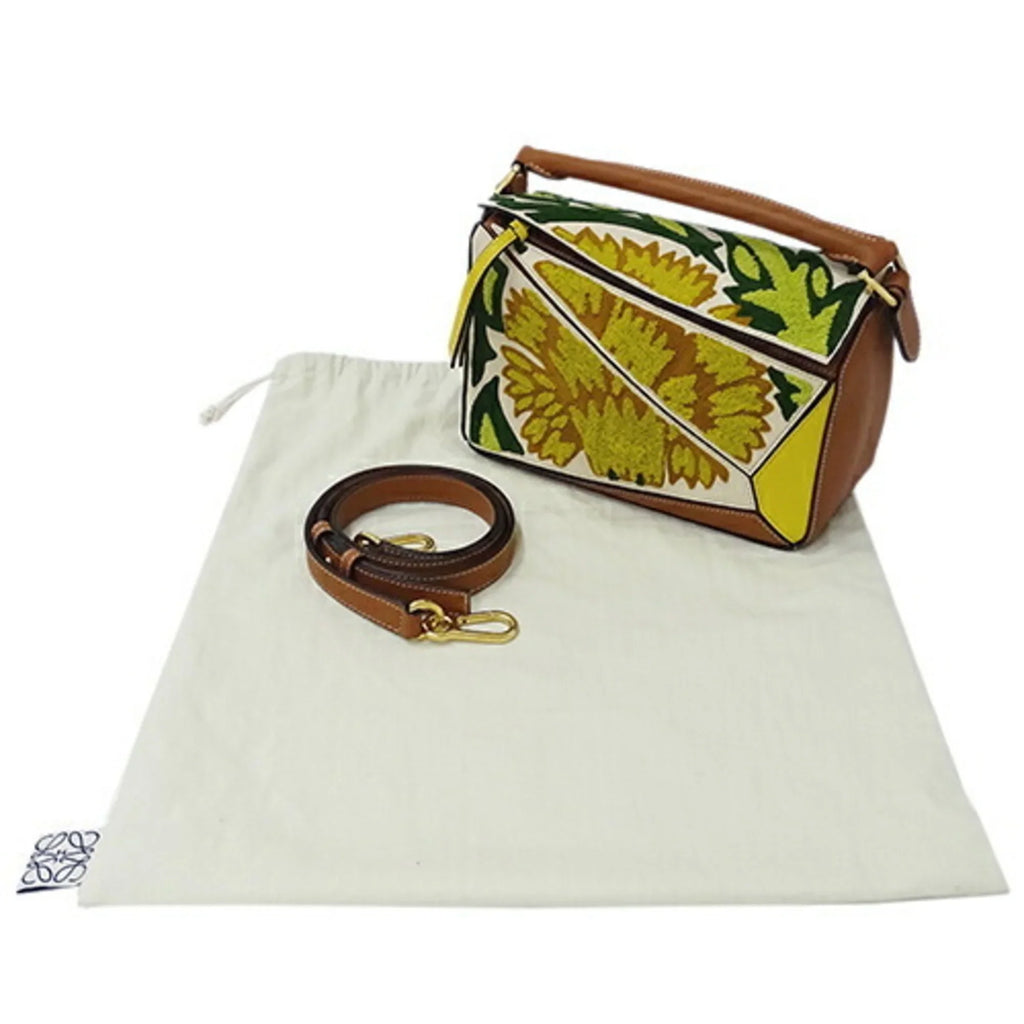 2way de Compact Women's LOEWE Shoulder (Good) Small Embroidery Mini Yellow Handbag William Collaboration Puzzle Brand Leather Brown Morgan Floral Bag Pre-Owned